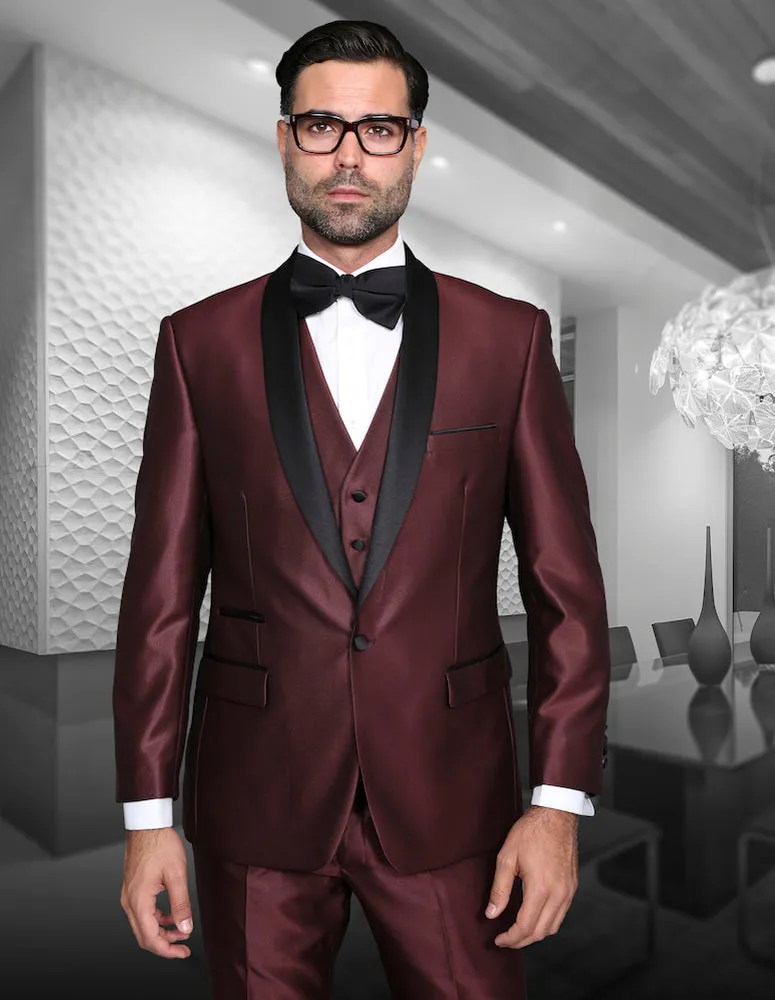 3 Pc Flat Front Pants, Shawl Lapel Tuxedo| ENZO-7| Burgundy