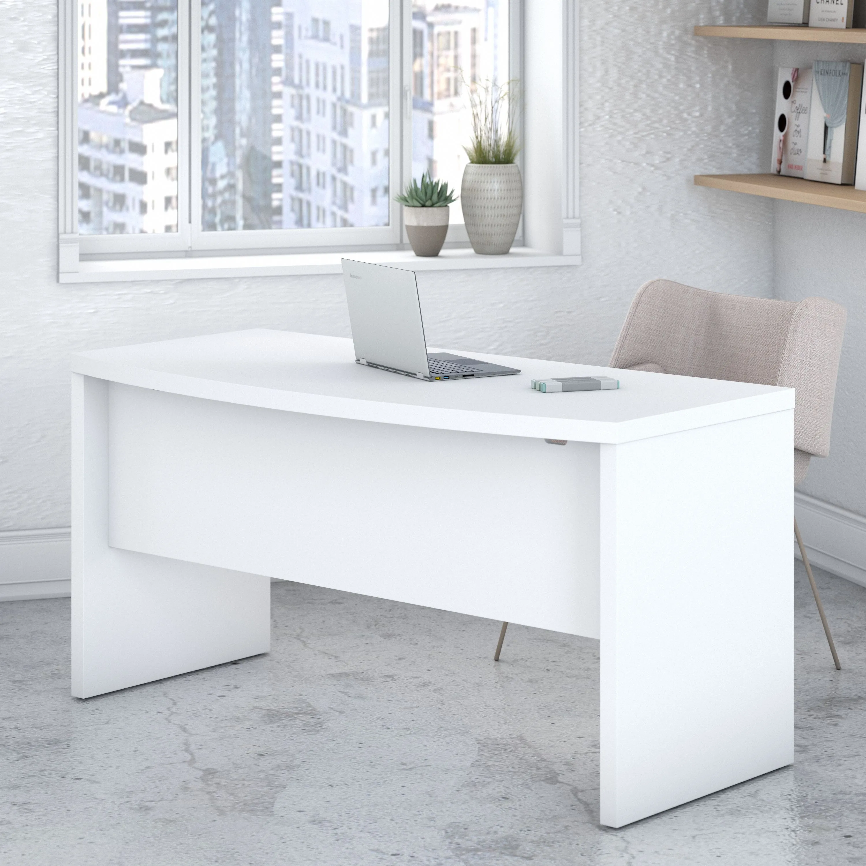 60" Bow-Front Modern Executive Office Desk in Pure White