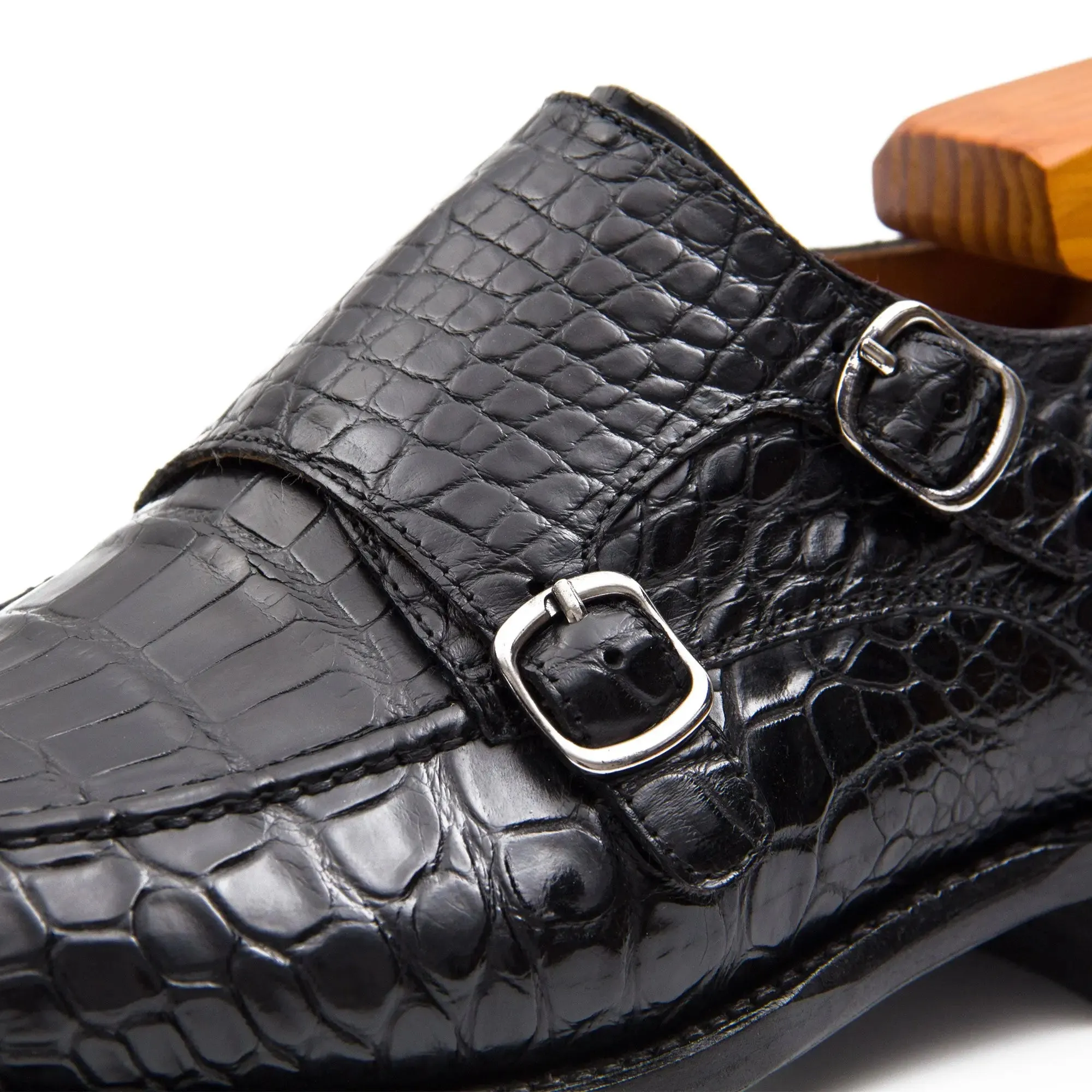 Black crocodile double monk strap shoes