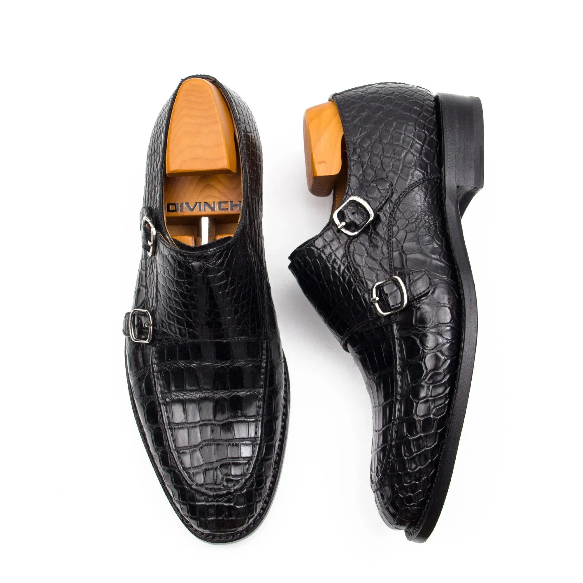 Black crocodile double monk strap shoes