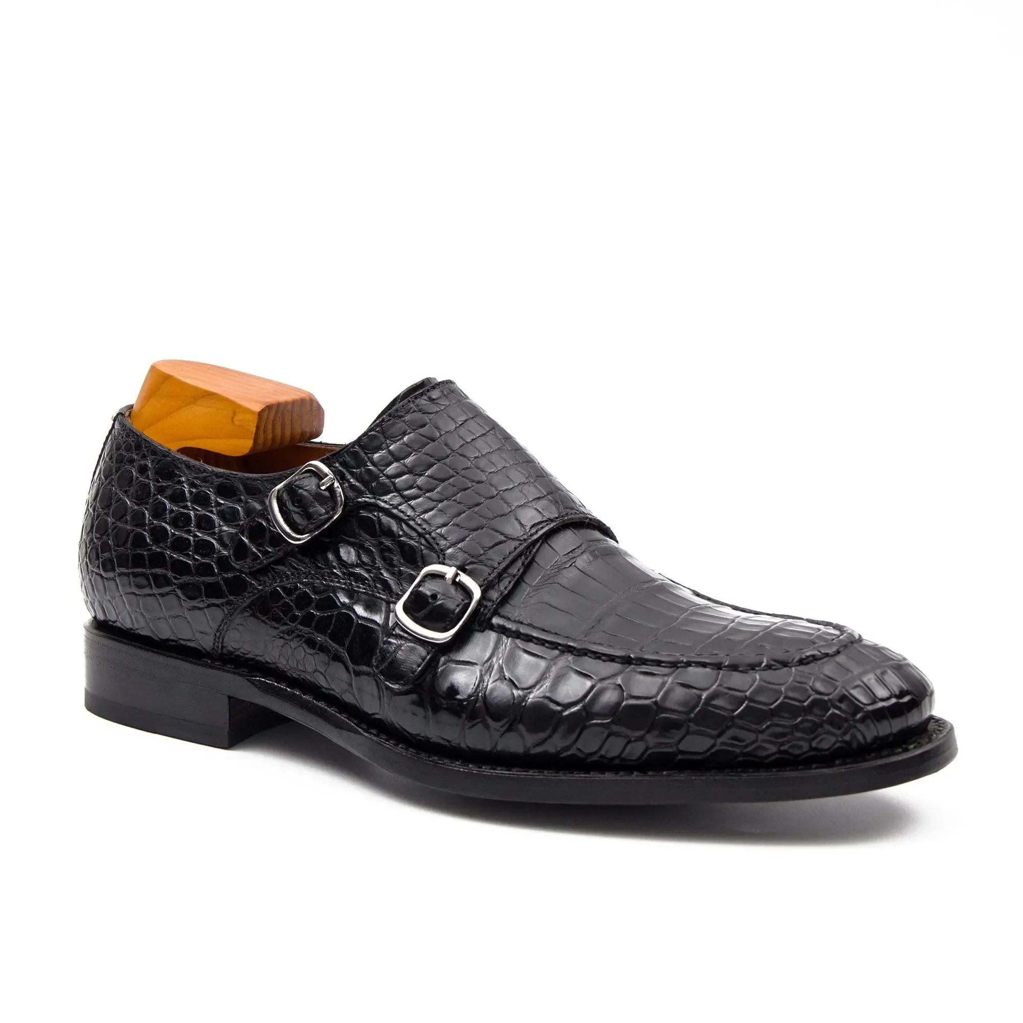 Black crocodile double monk strap shoes