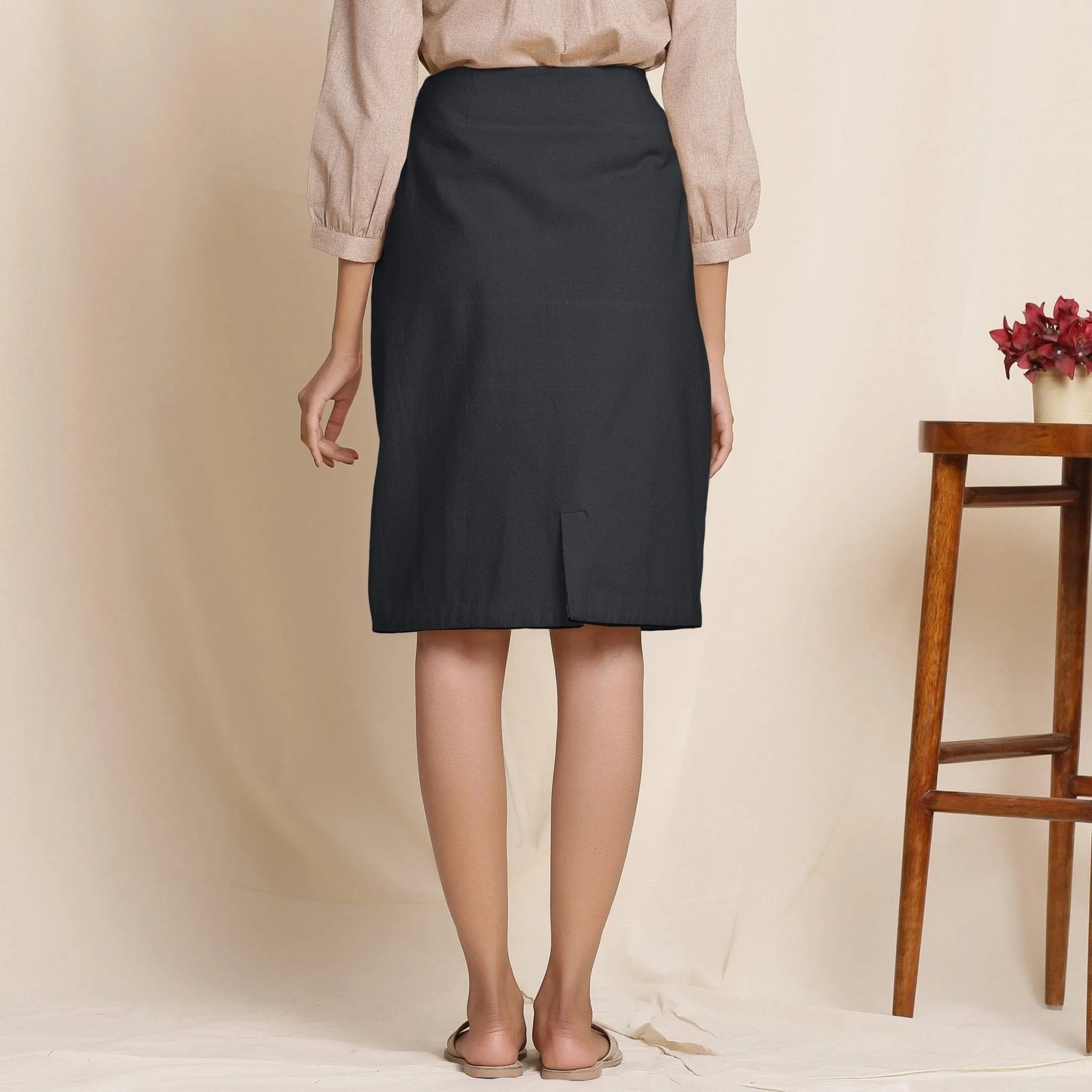 Black Warm Cotton Flannel Knee-Length Pencil Skirt