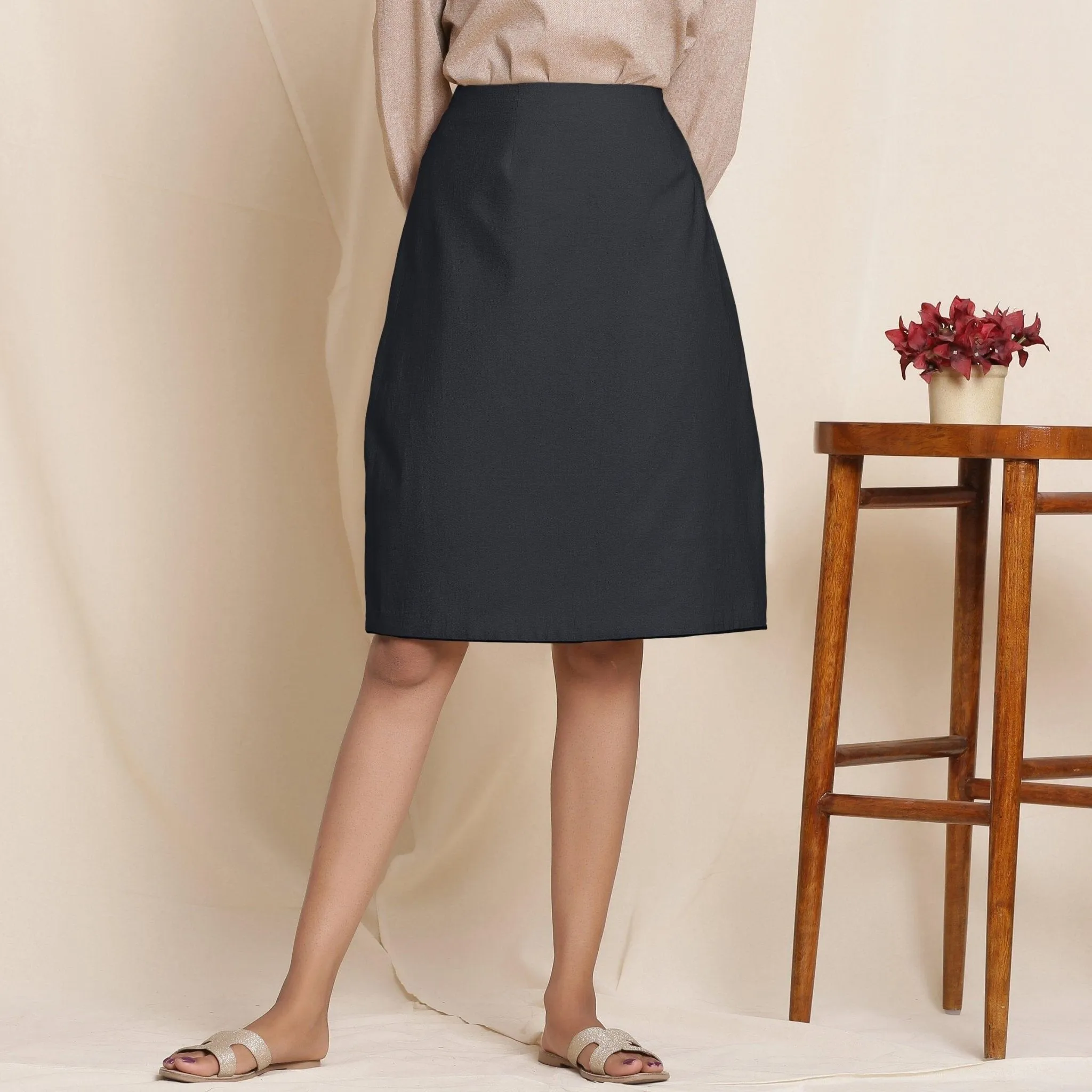 Black Warm Cotton Flannel Knee-Length Pencil Skirt