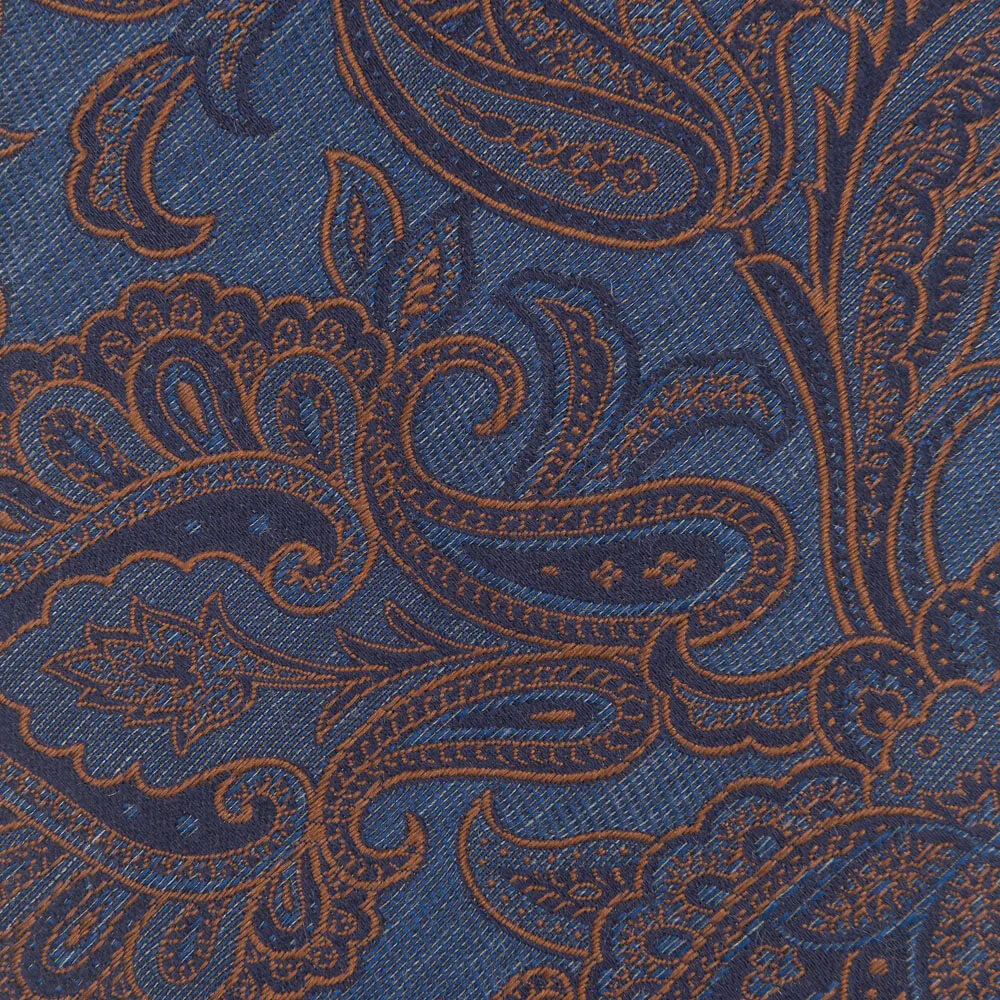 Blue and Brown Paisley Motif Woven Silk Tie