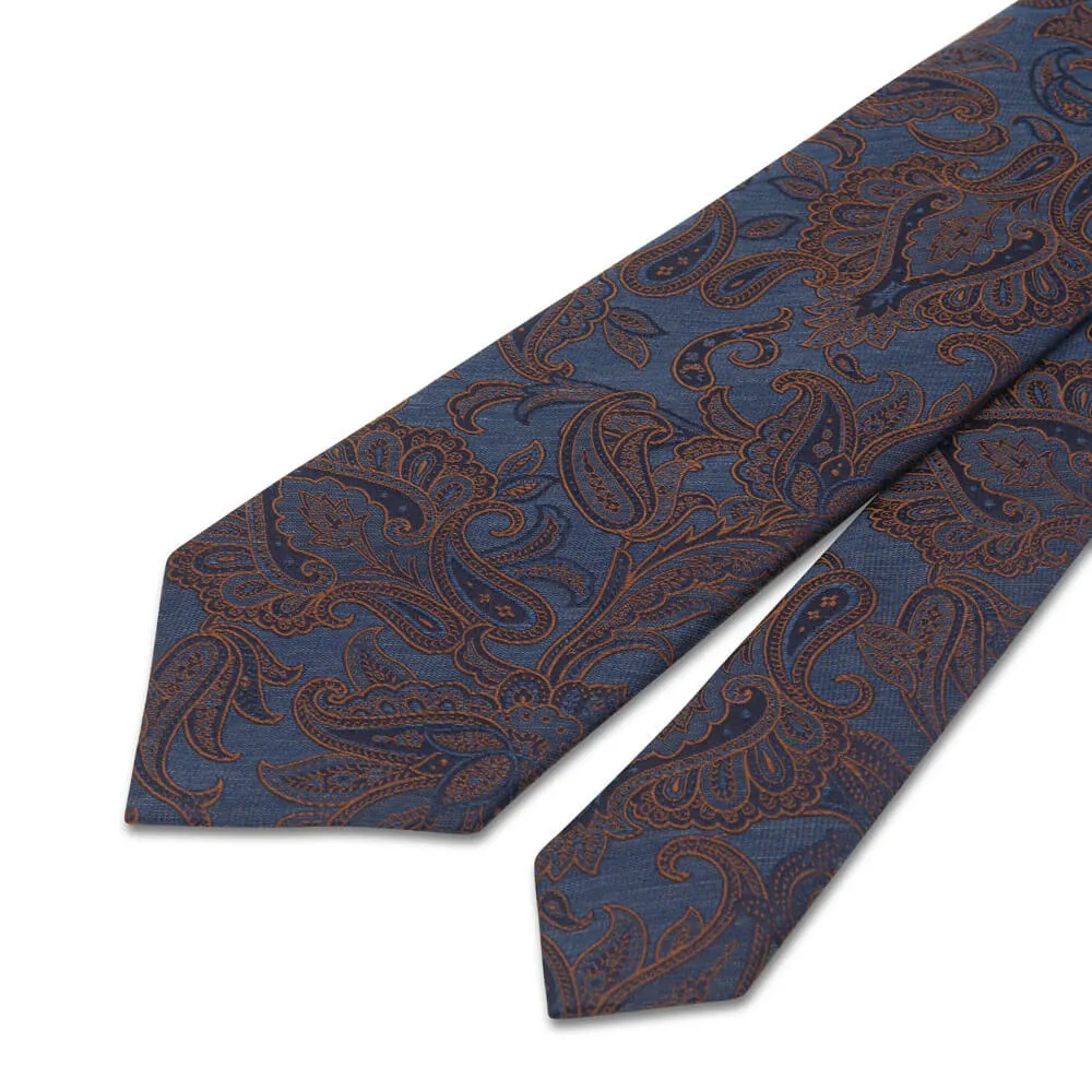 Blue and Brown Paisley Motif Woven Silk Tie