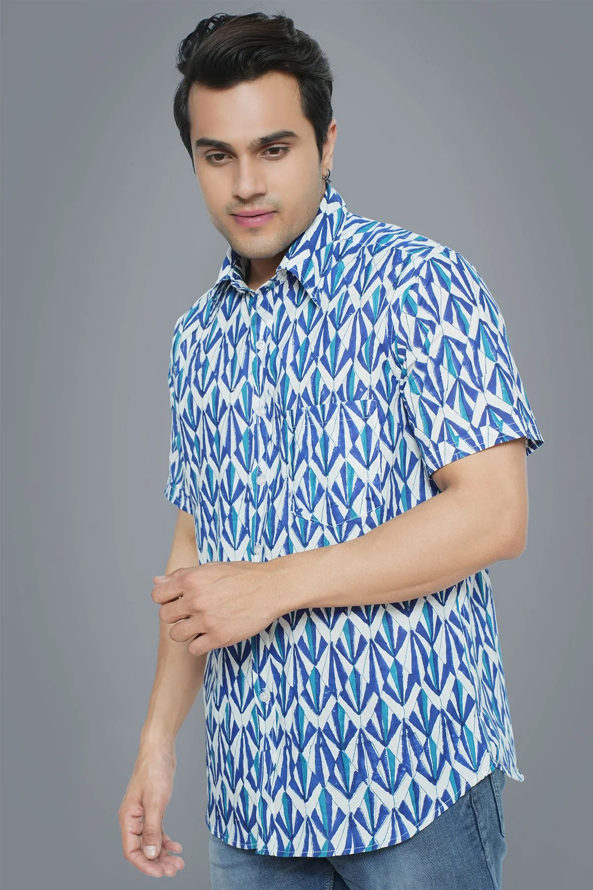 Blue Geometric Print Handblock Cotton Shirt | Style Matters