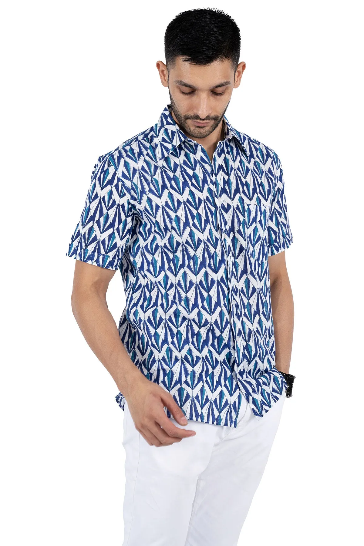 Blue Geometric Print Handblock Cotton Shirt | Style Matters