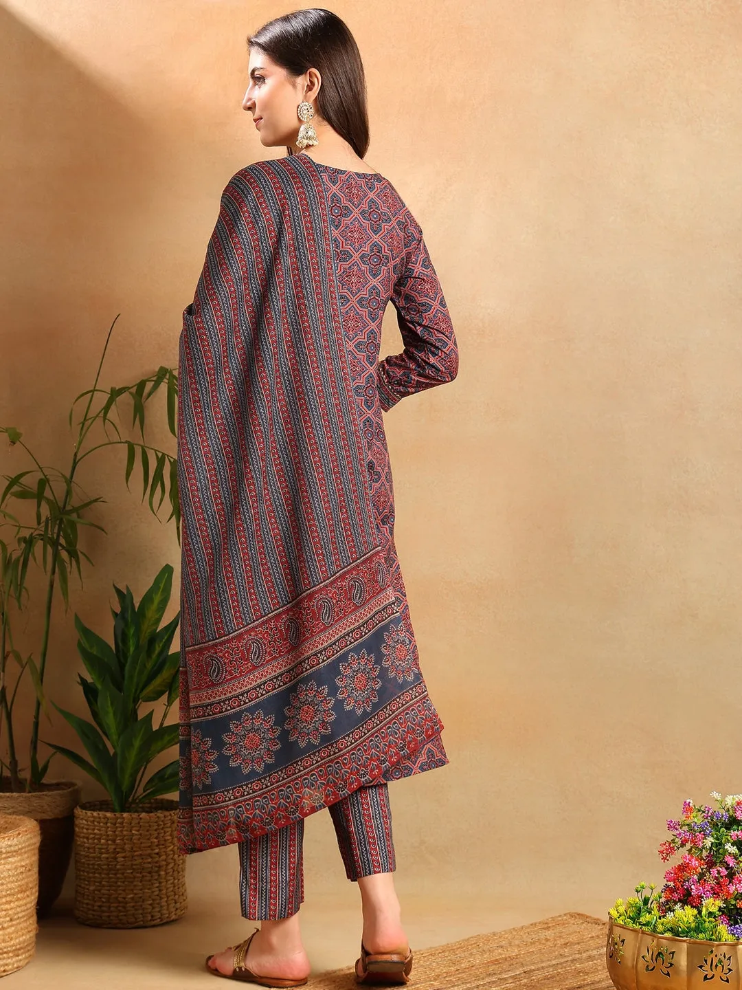 Blue Rayon Blend Ethnic Motifs Printed 3-Piece Kurta Set