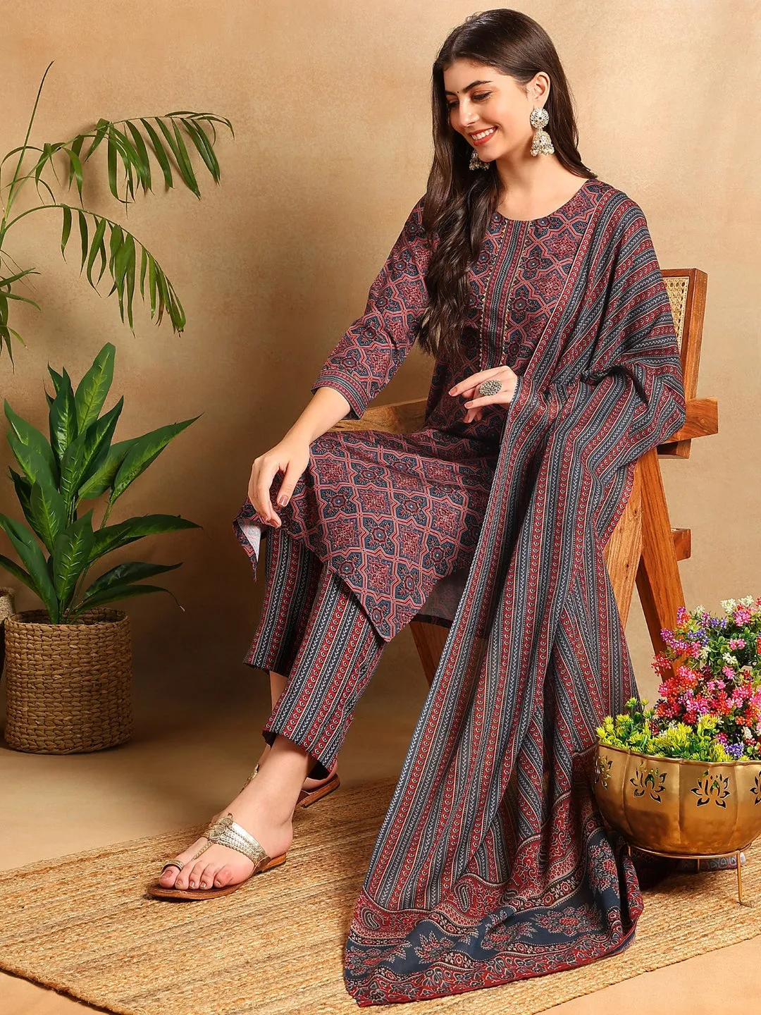 Blue Rayon Blend Ethnic Motifs Printed 3-Piece Kurta Set