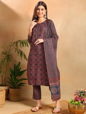 Blue Rayon Blend Ethnic Motifs Printed 3-Piece Kurta Set