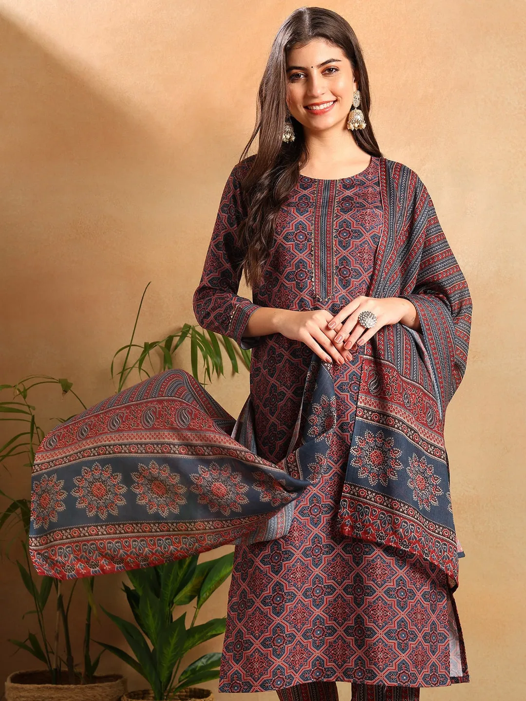 Blue Rayon Blend Ethnic Motifs Printed 3-Piece Kurta Set