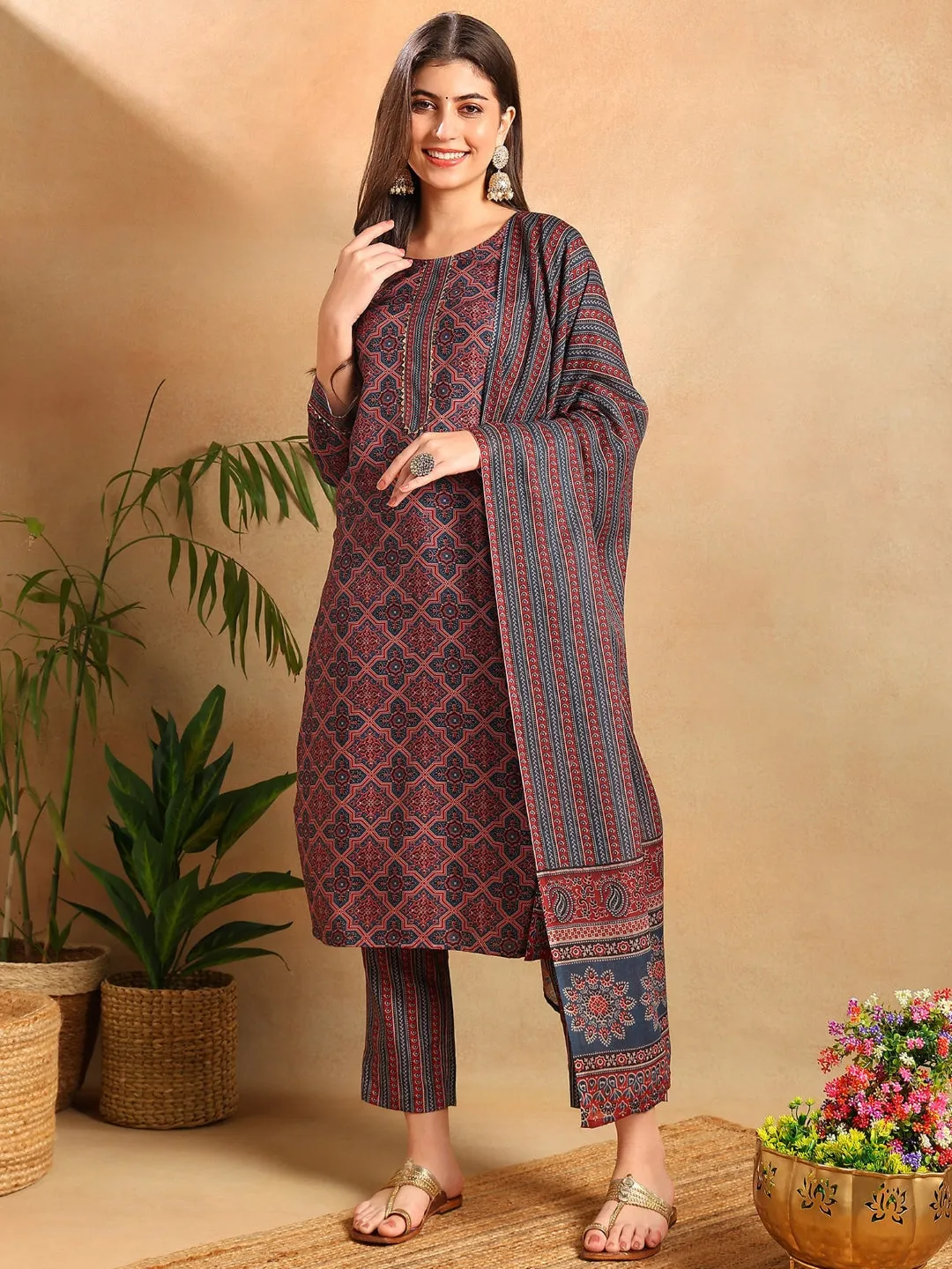 Blue Rayon Blend Ethnic Motifs Printed 3-Piece Kurta Set