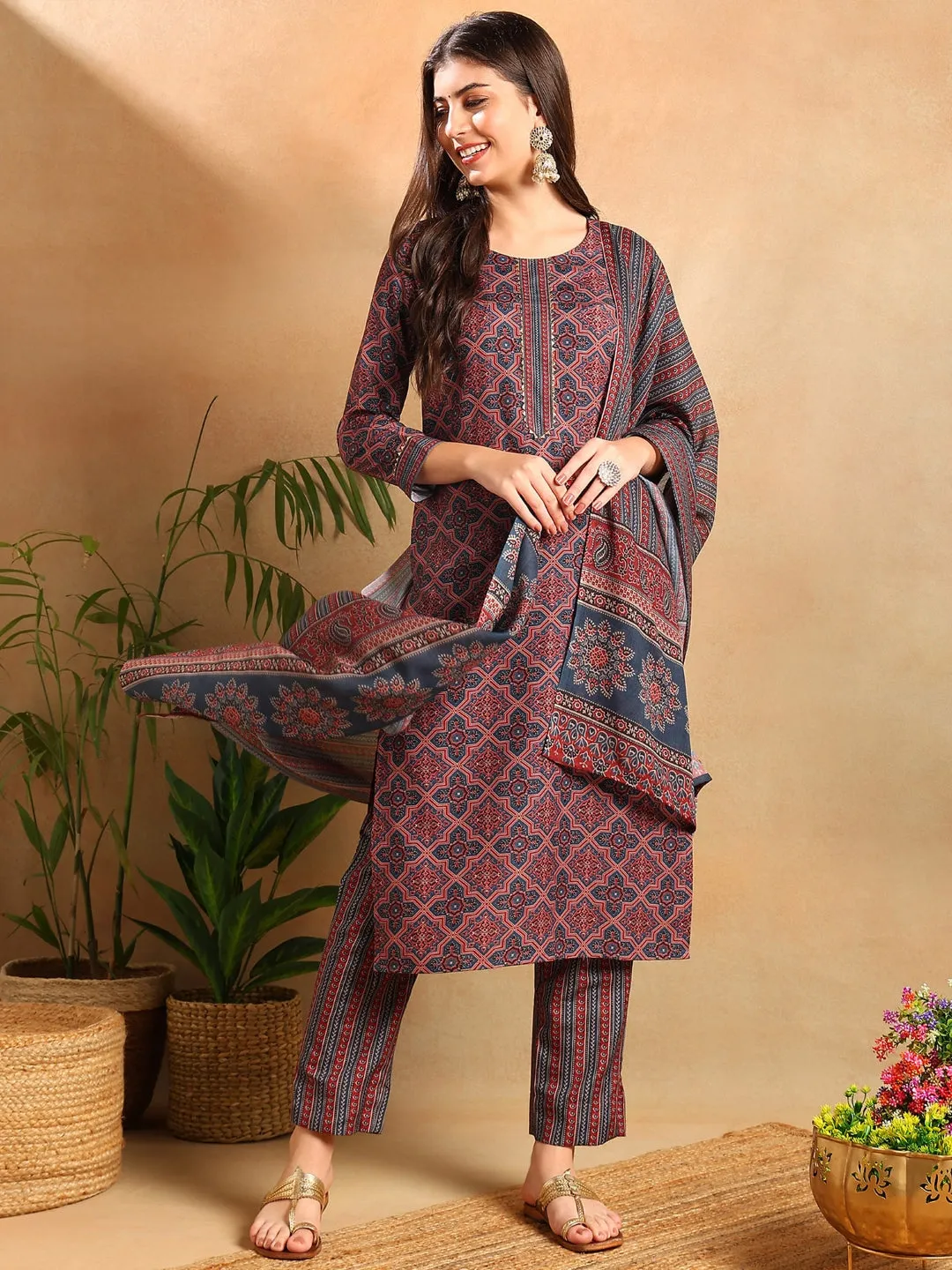 Blue Rayon Blend Ethnic Motifs Printed 3-Piece Kurta Set