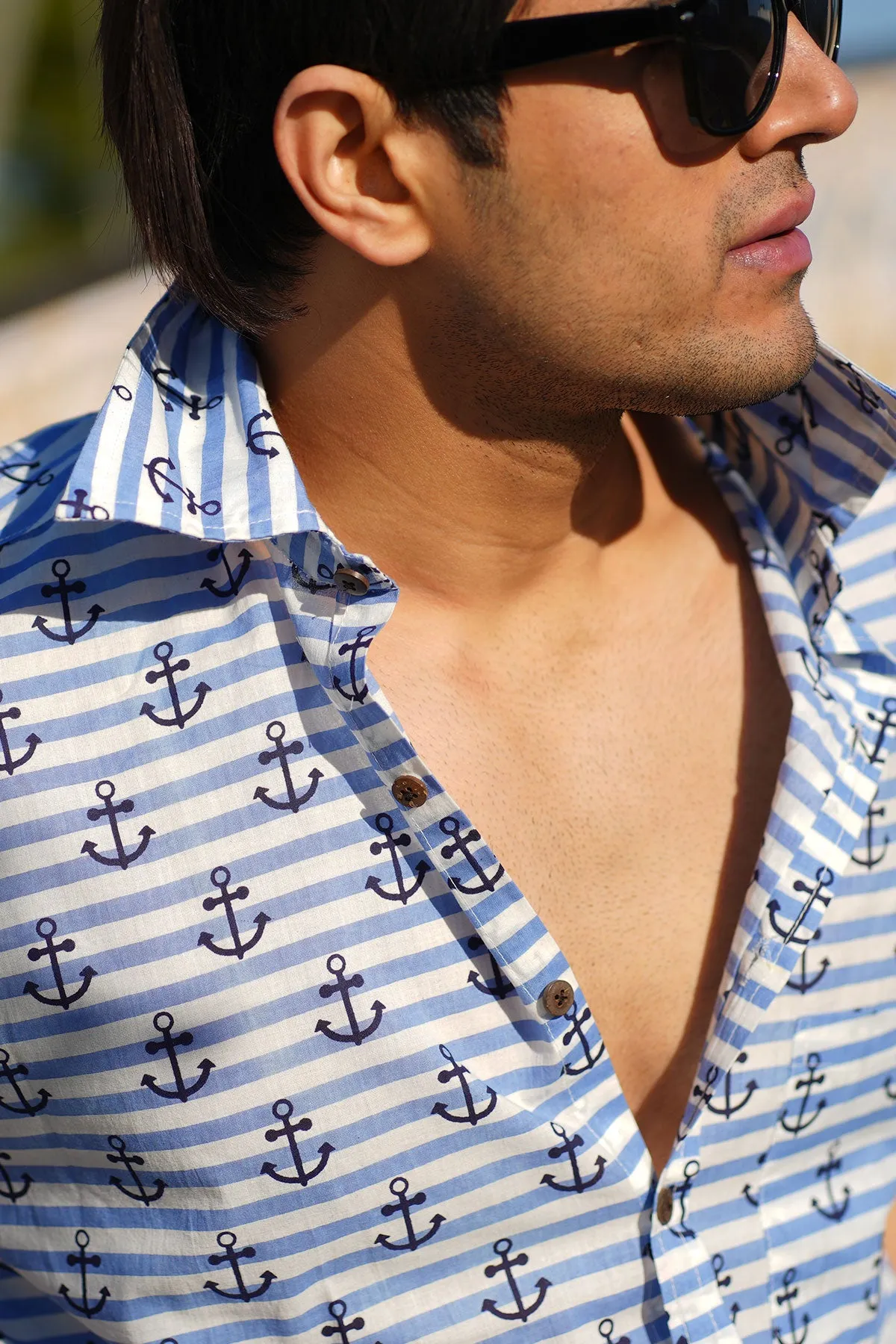 Blue Ship Anchor Print Cotton Shirt, Half Sleeves | Style Matters