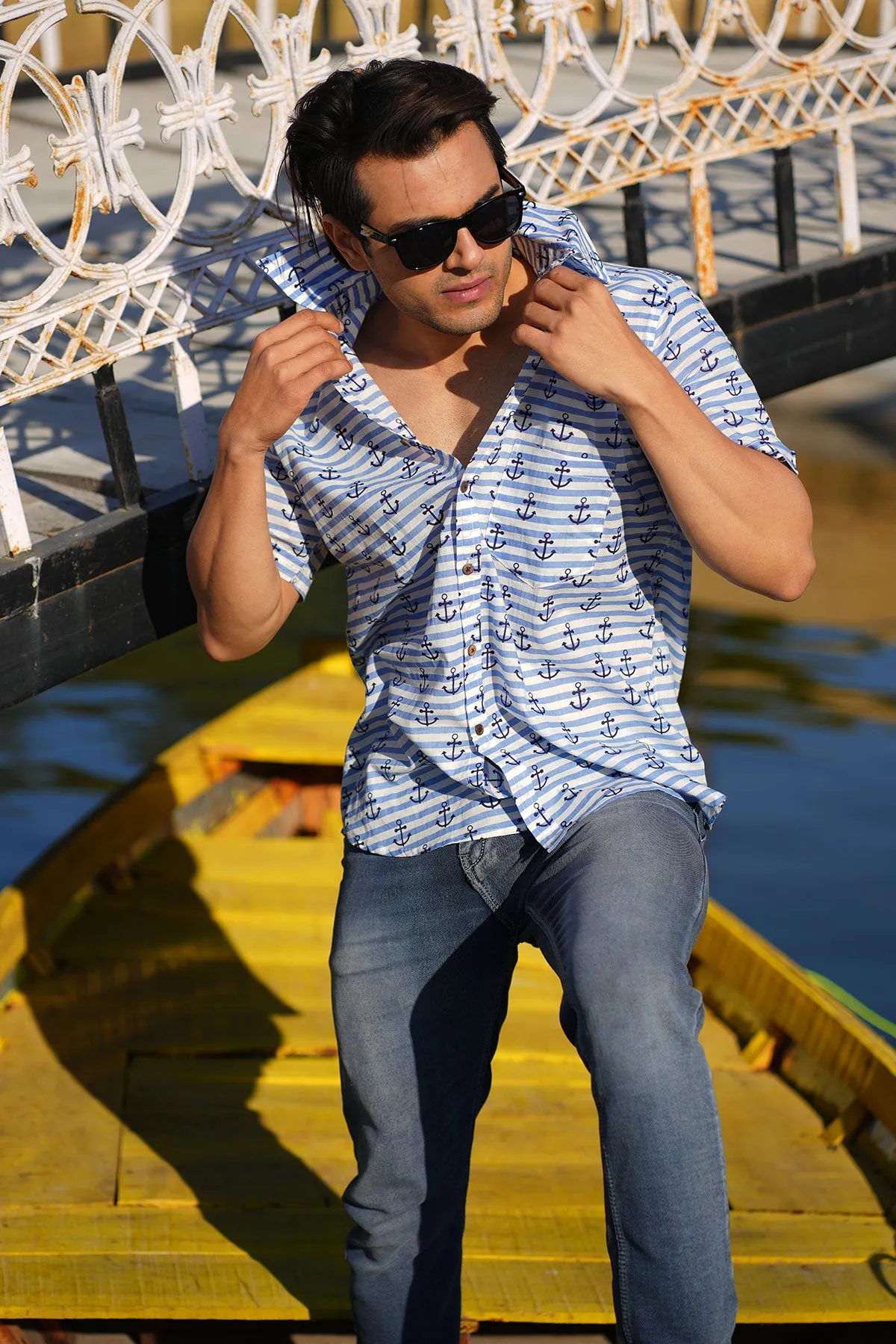 Blue Ship Anchor Print Cotton Shirt, Half Sleeves | Style Matters