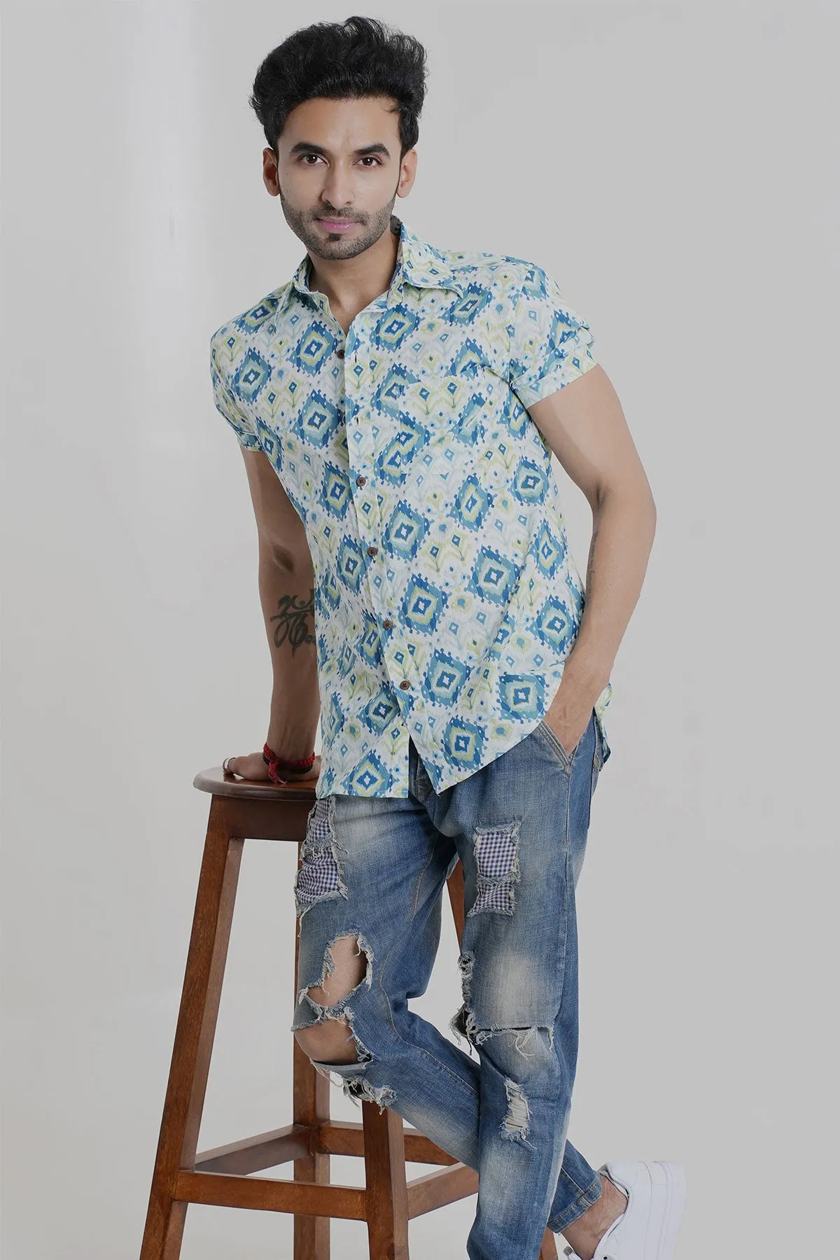 Blue Squares Print Half Sleeves Cotton Shirt | Style Matters