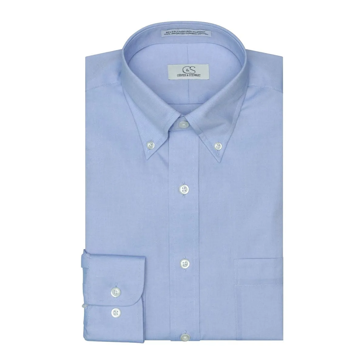 Blue Stretch Cotton Wrinkle-Free Pinpoint Oxford Cotton Dress Shirt with Button-Down Collar by Cooper & Stewart