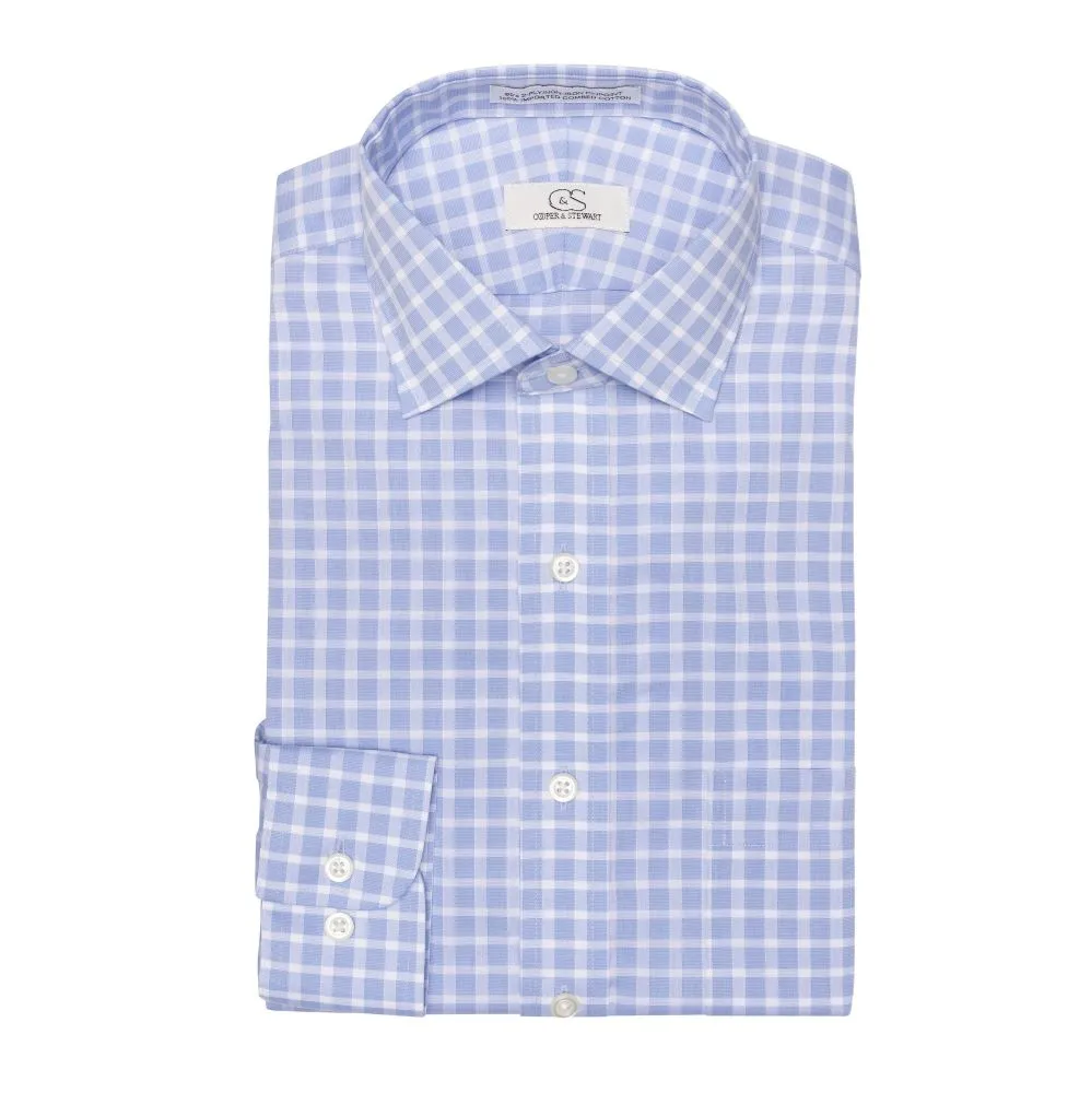 Blue Text Dobby Check Wrinkle-Free Cotton Dress Shirt with Spread Collar (Tailored & Tailored Tall Fits) by Cooper & Stewart