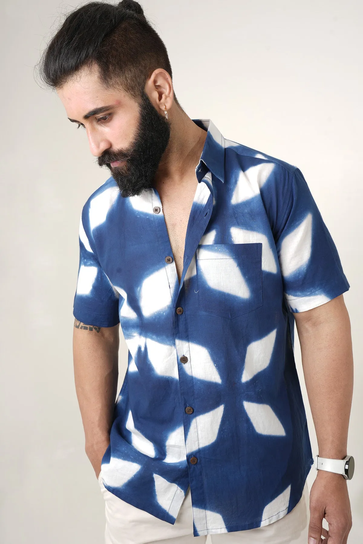 Blue Tie Dye Flower Handmade Cotton Shirt | Style Matters