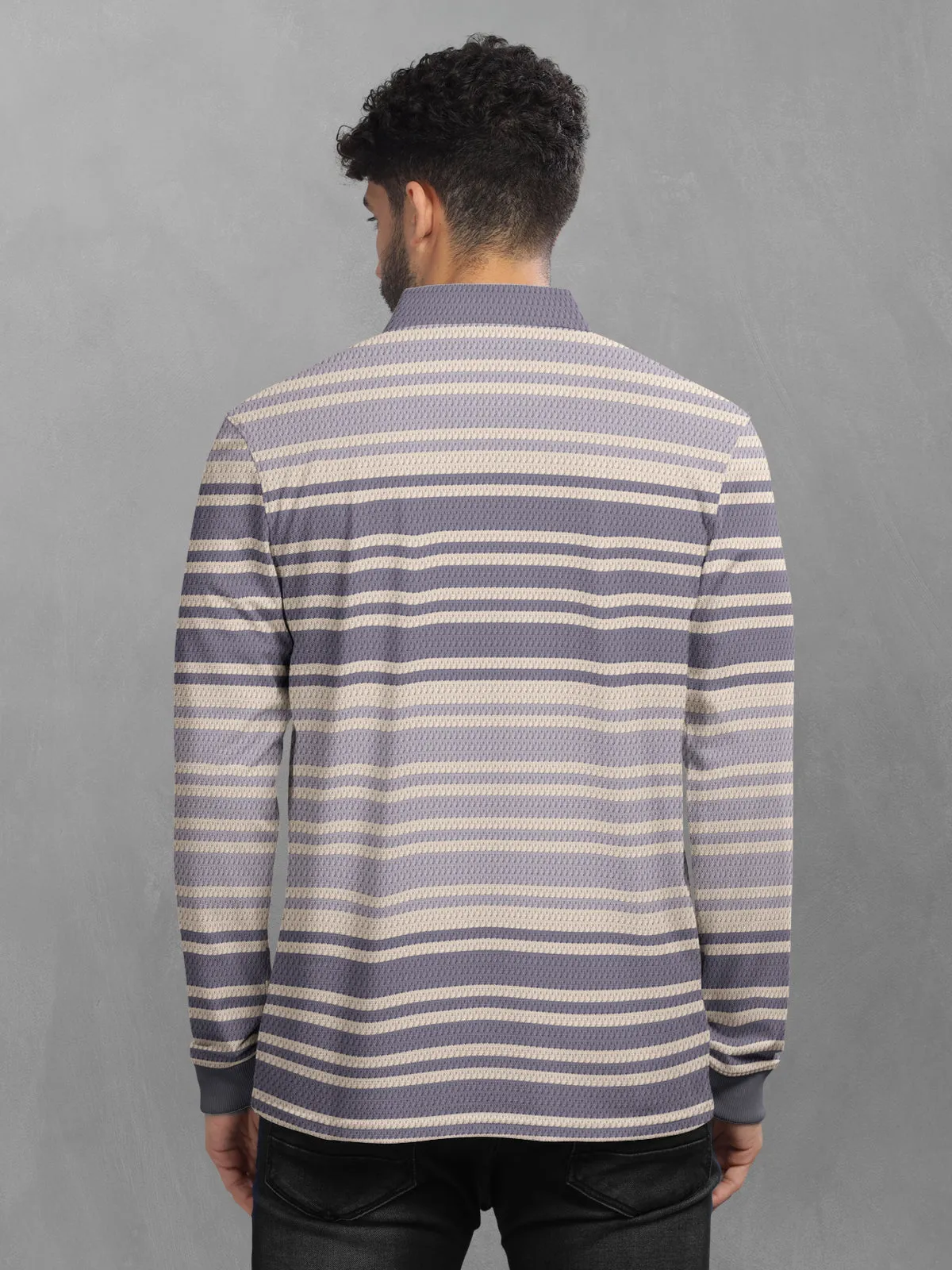 BULLMER Purple Striped Textured Printed Polo Neck FullSleeve T-shirt With Rib For Men