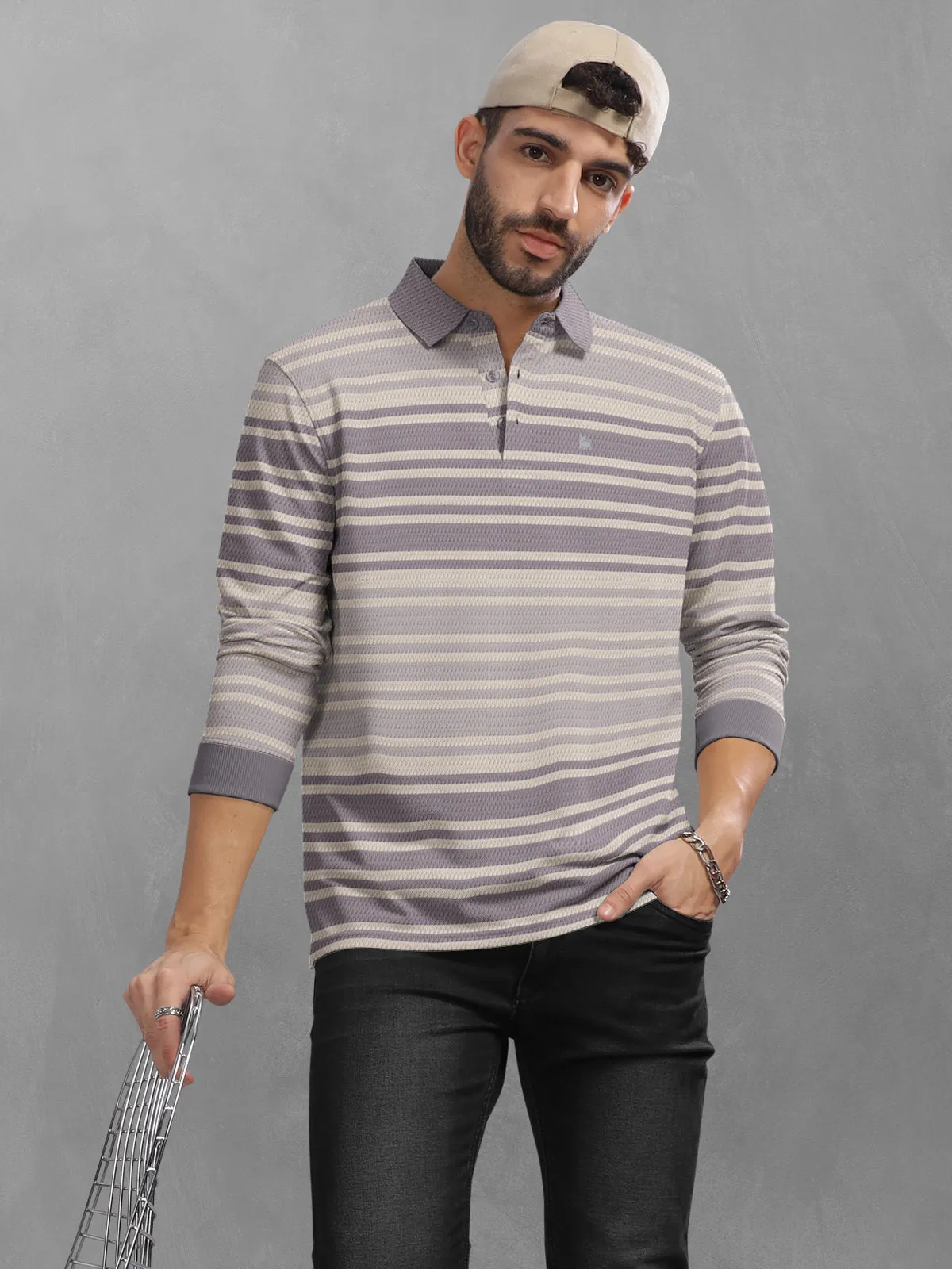 BULLMER Purple Striped Textured Printed Polo Neck FullSleeve T-shirt With Rib For Men