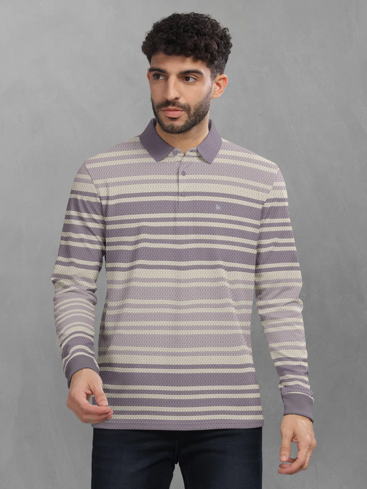 BULLMER Purple Striped Textured Printed Polo Neck FullSleeve T-shirt With Rib For Men