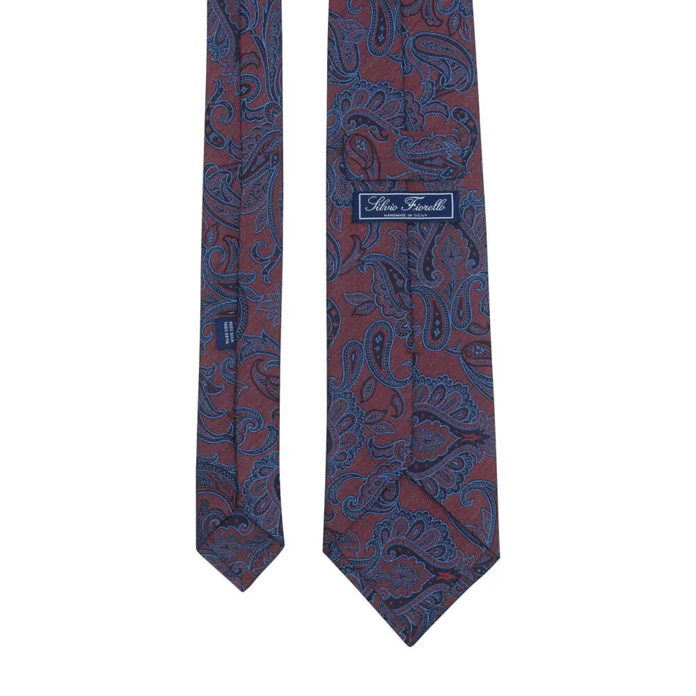 Burgundy and Blue Paisley Motif Woven Silk Tie