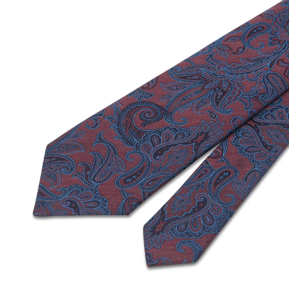 Burgundy and Blue Paisley Motif Woven Silk Tie