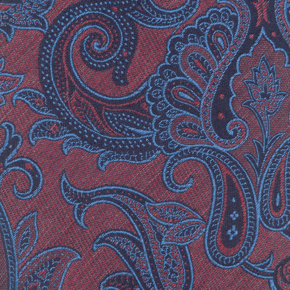 Burgundy and Blue Paisley Motif Woven Silk Tie