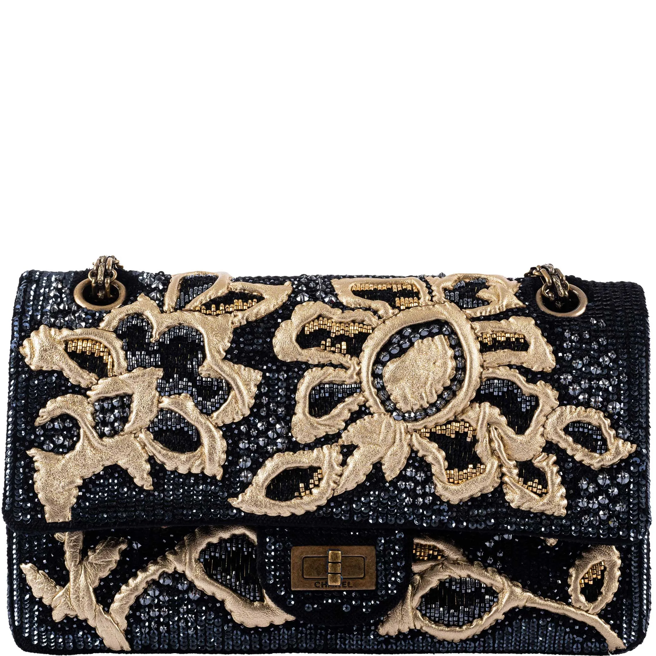 Chanel Exquisite 2.55 Reissue Medium Double Flap Gold and Black Embroidered Sequins and Lambskin on Velvet