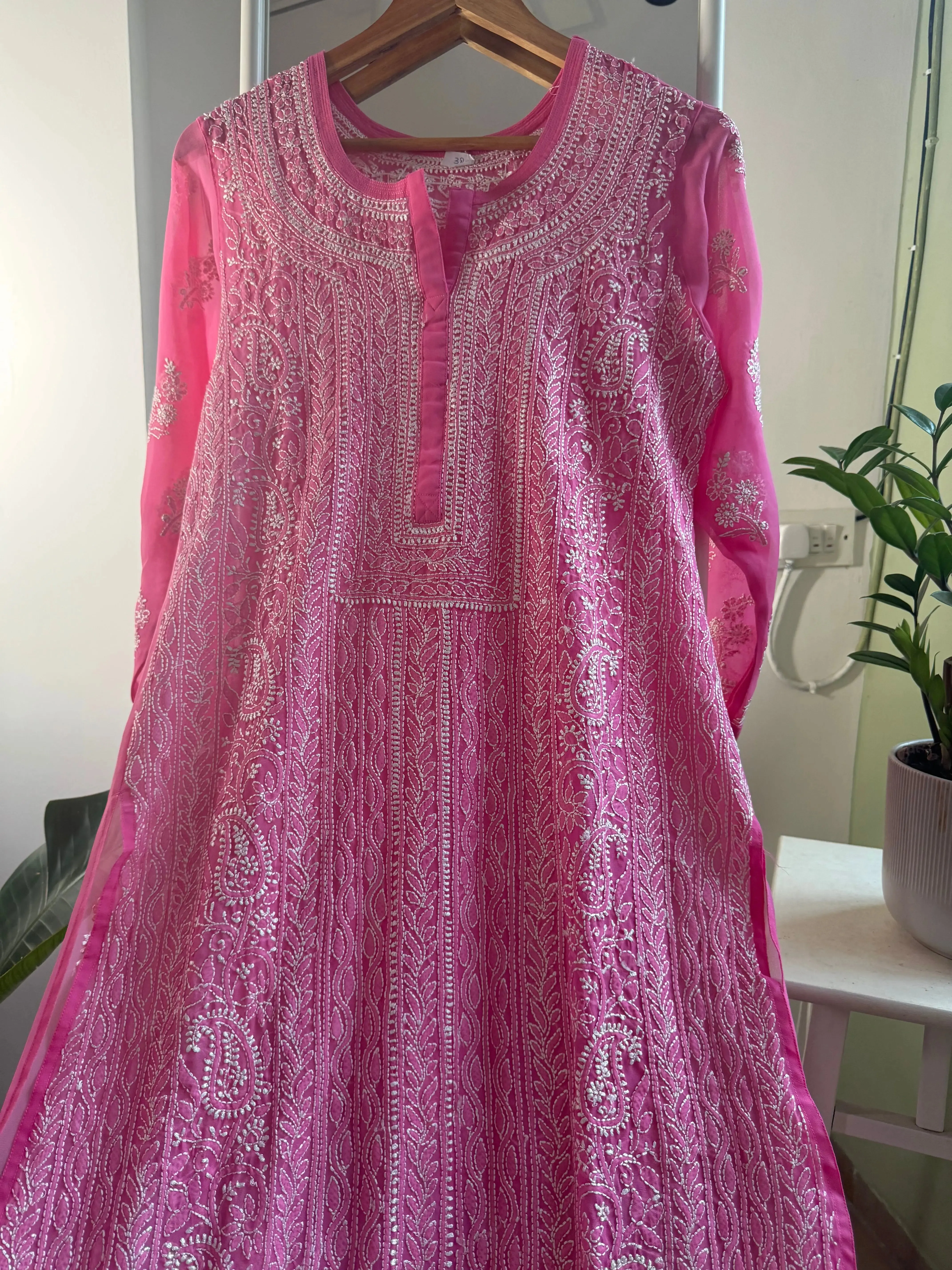 Chikankari Resham Jaal Kurti -  Hot Pink