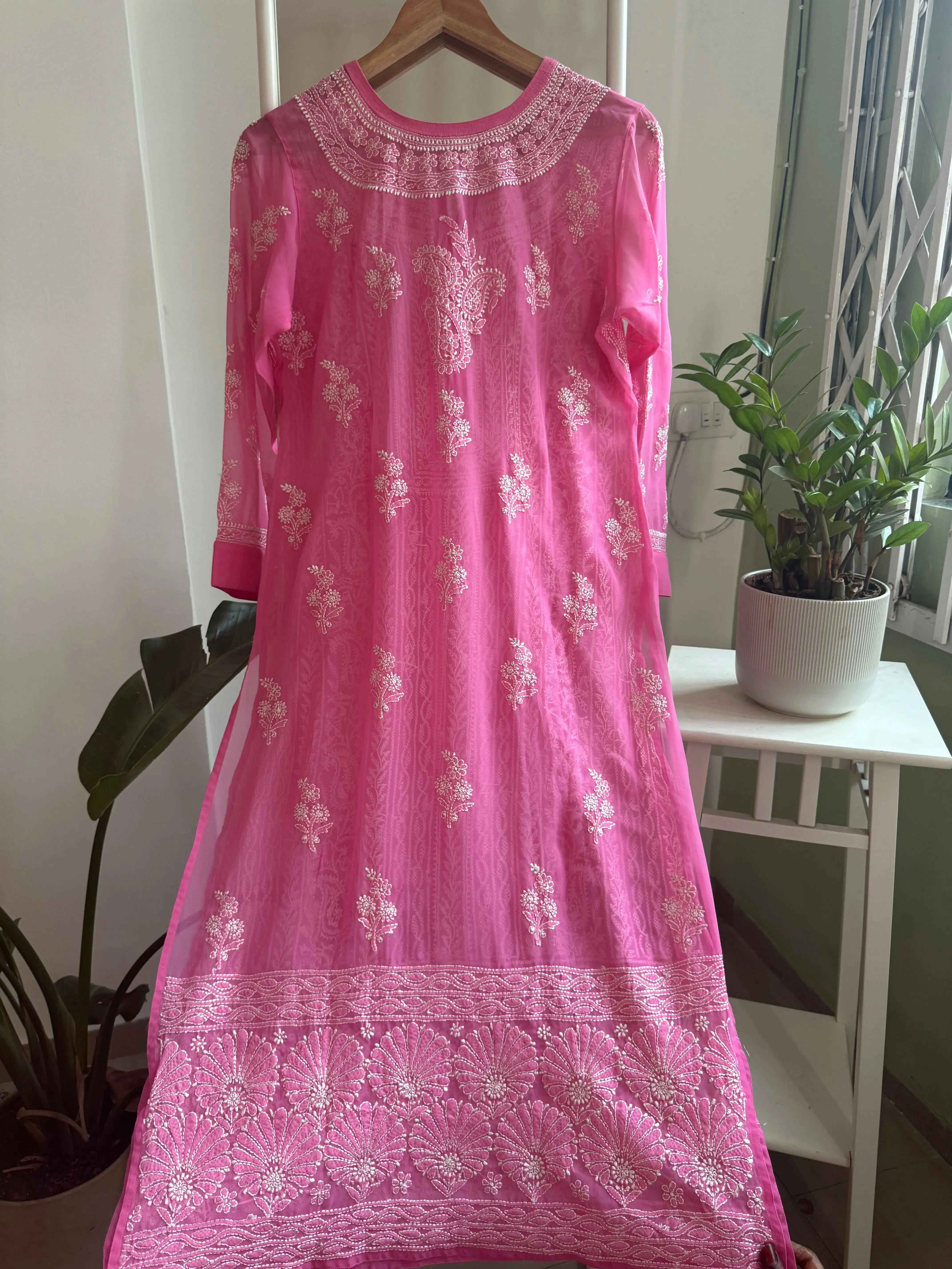 Chikankari Resham Jaal Kurti -  Hot Pink