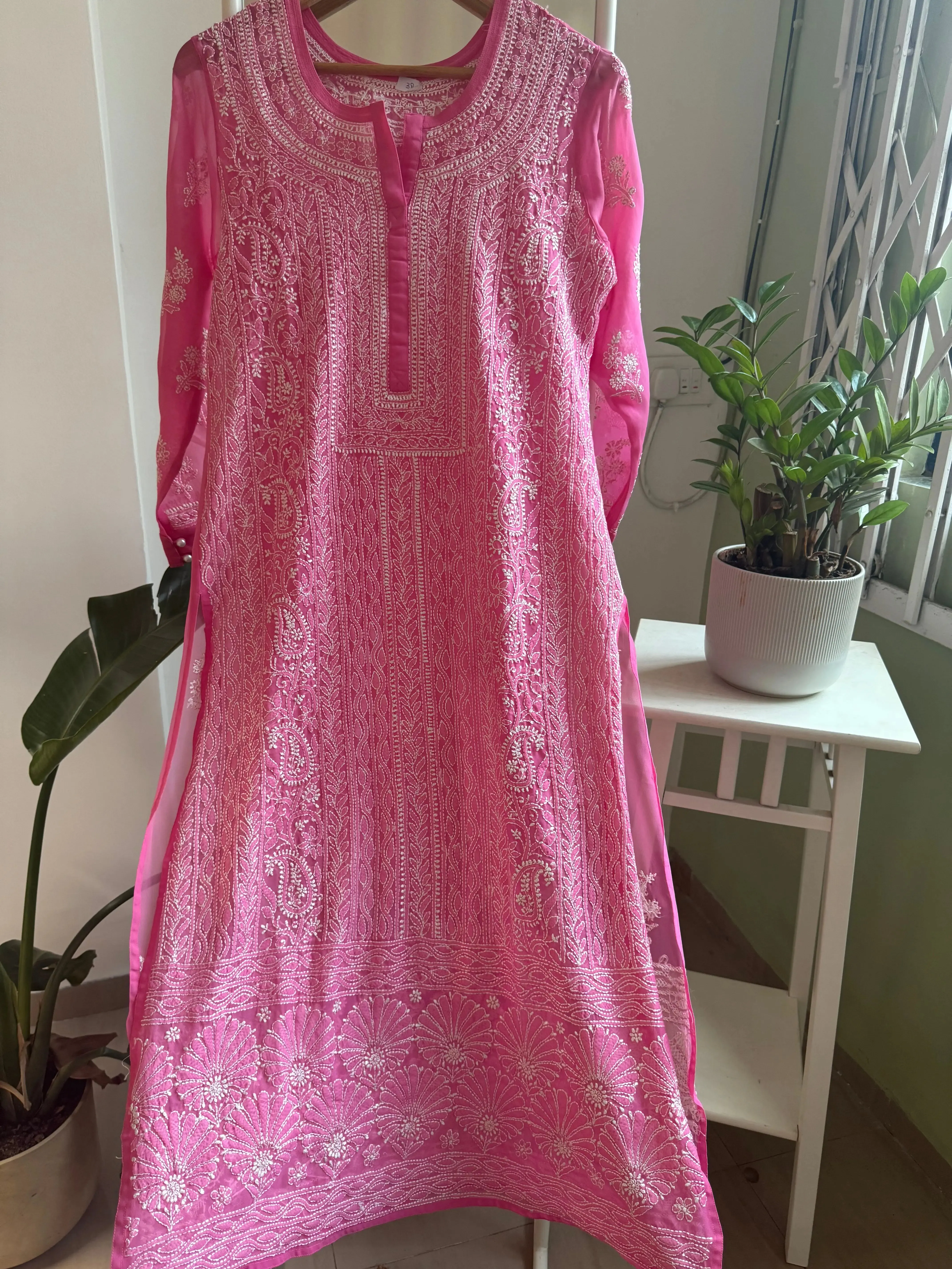 Chikankari Resham Jaal Kurti -  Hot Pink