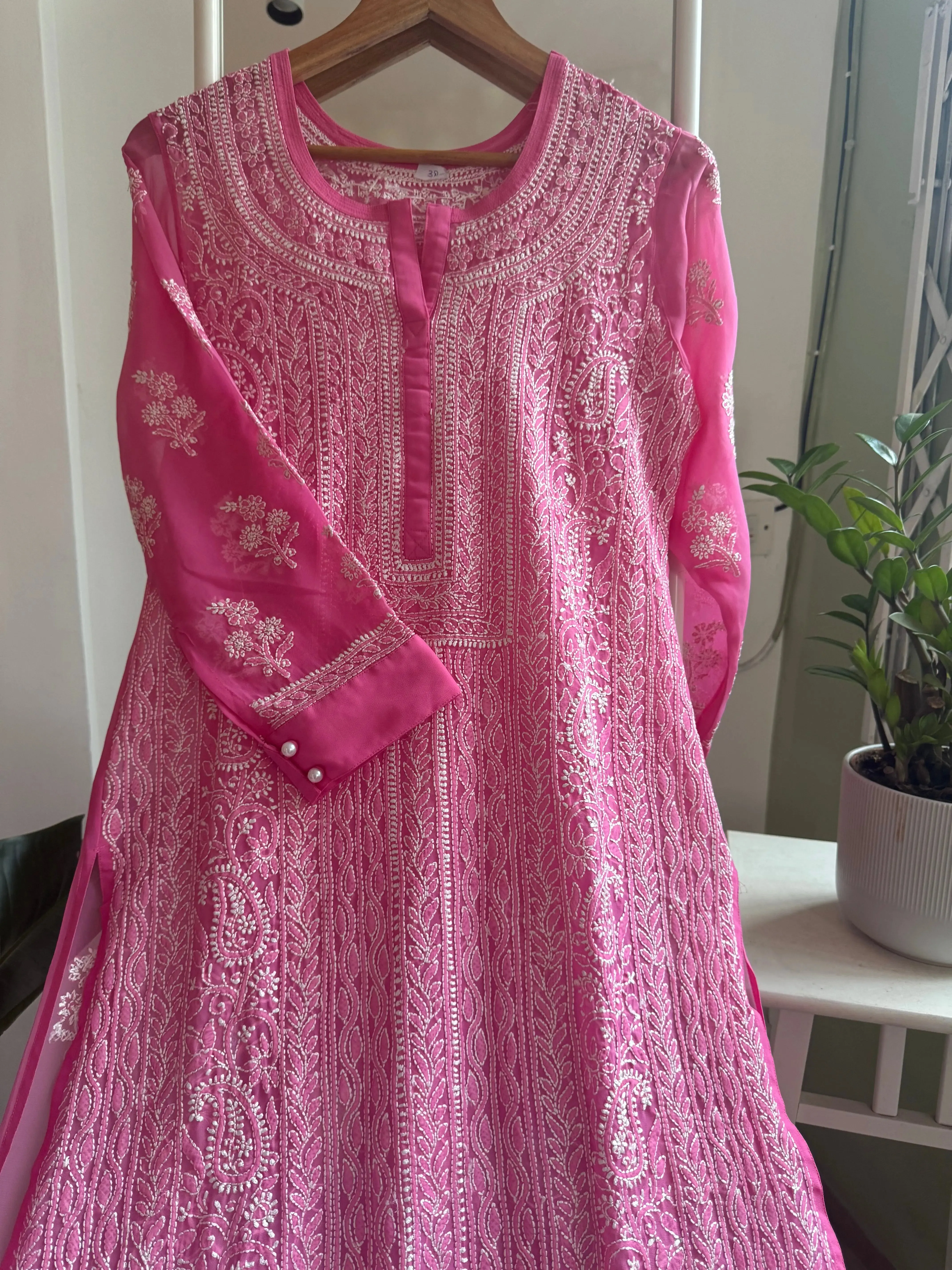 Chikankari Resham Jaal Kurti -  Hot Pink