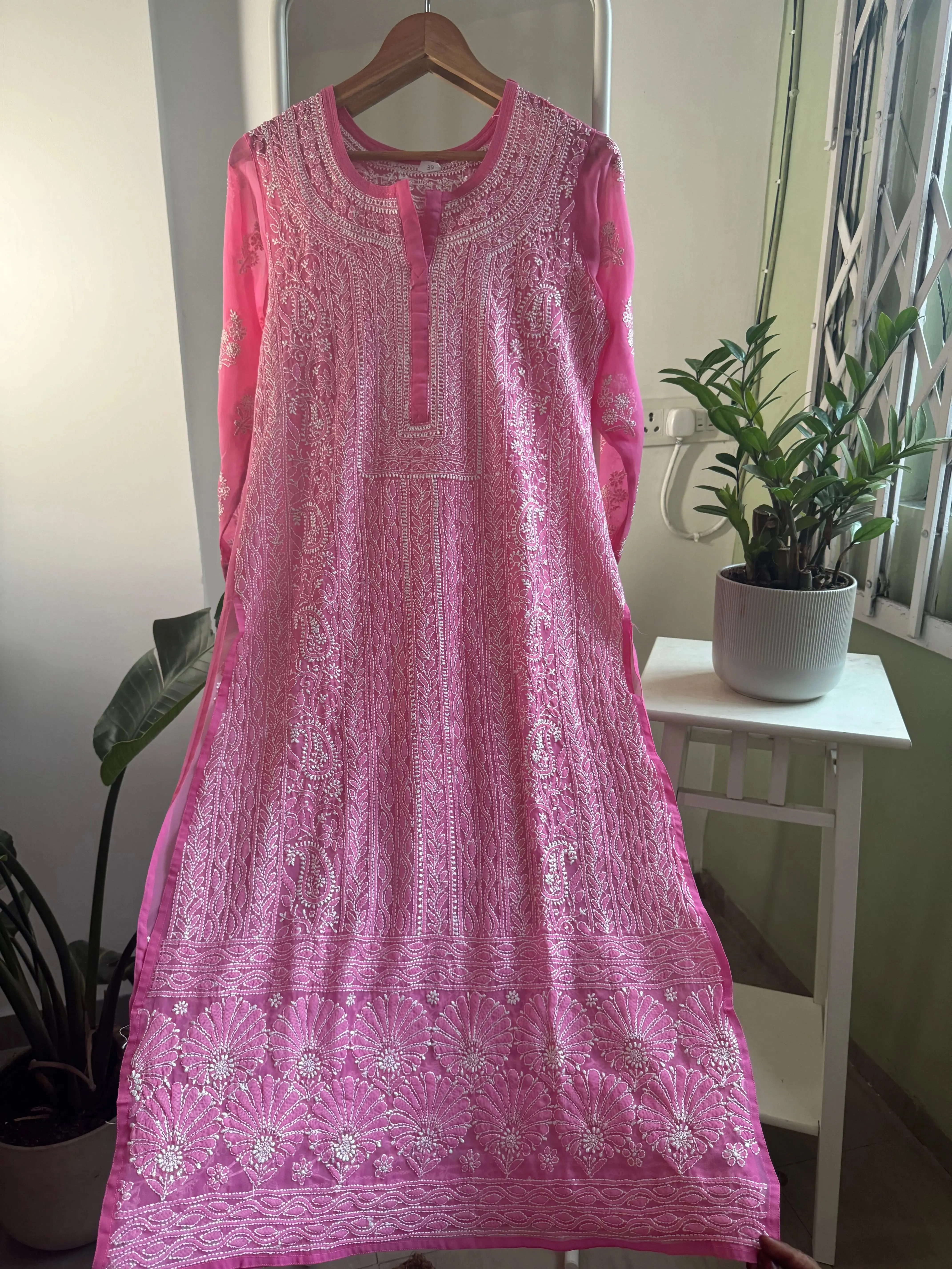 Chikankari Resham Jaal Kurti -  Hot Pink