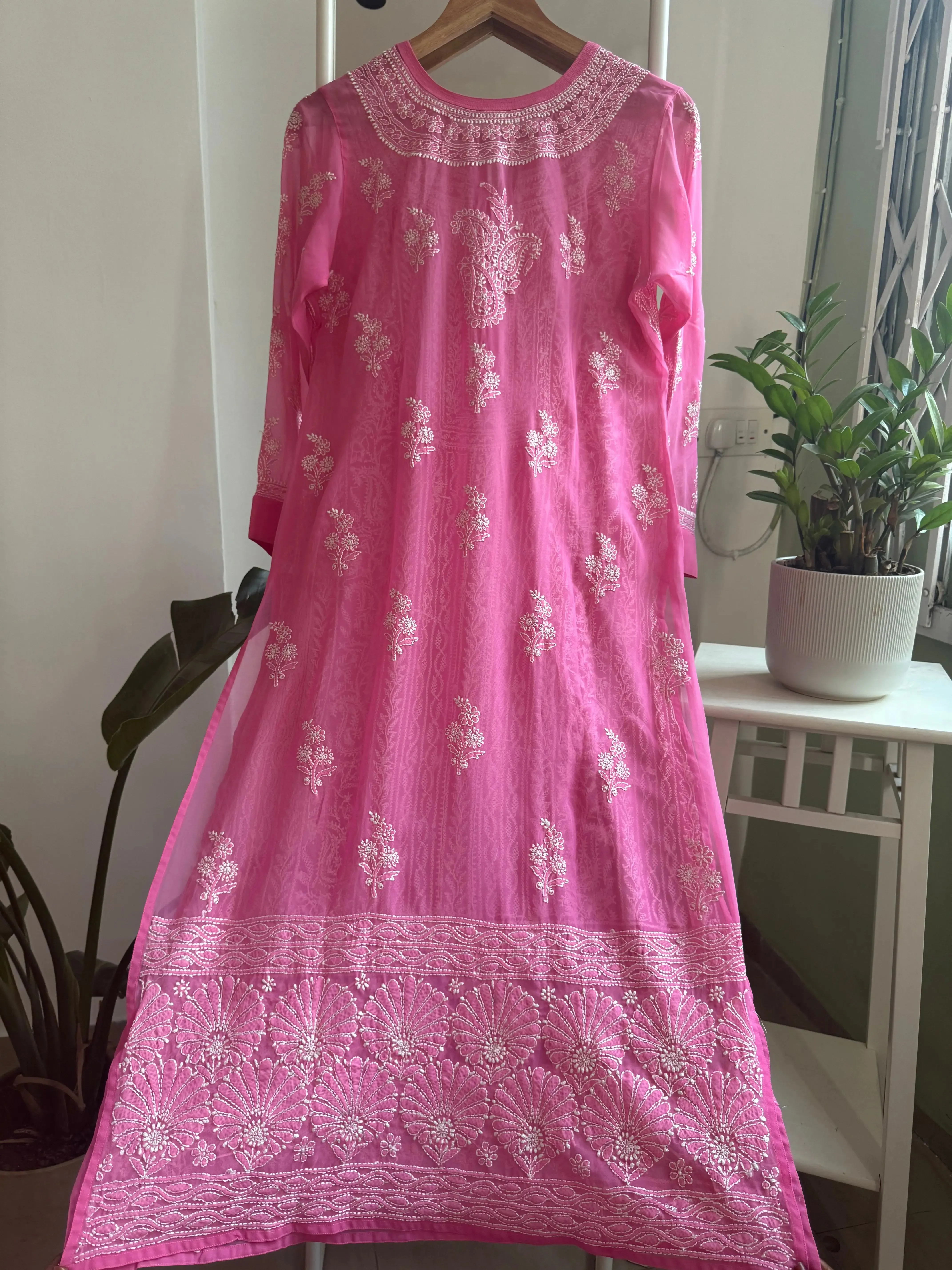 Chikankari Resham Jaal Kurti -  Hot Pink