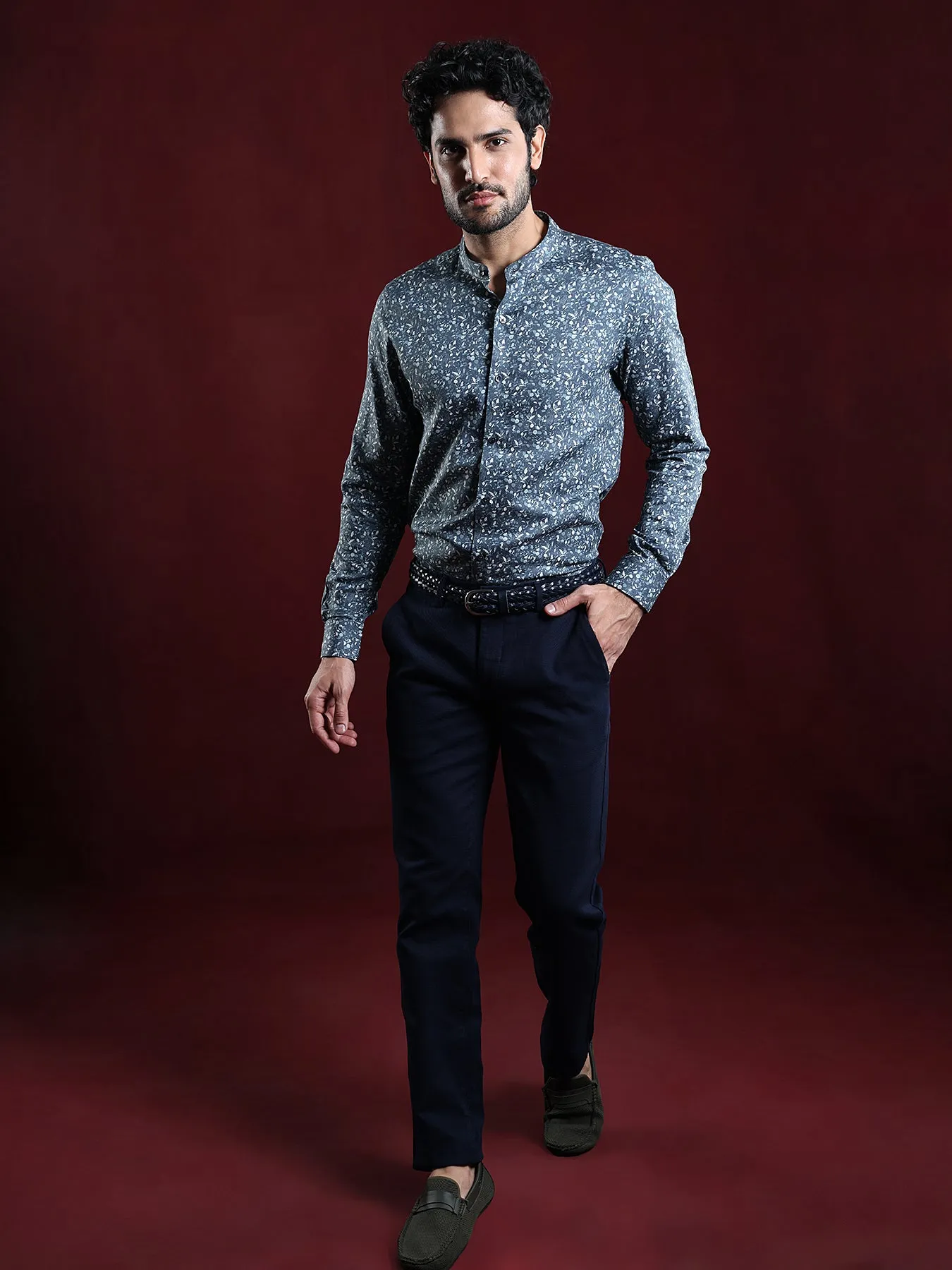 Cotton Tencel Blue Printed Slim Fit Full Sleeve Ceremonial Shirt