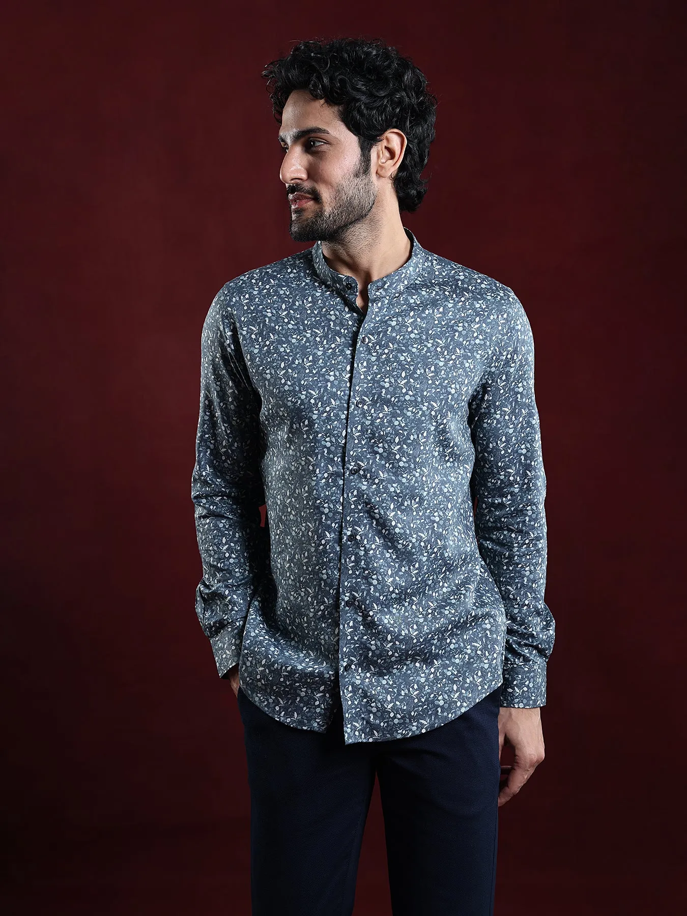 Cotton Tencel Blue Printed Slim Fit Full Sleeve Ceremonial Shirt