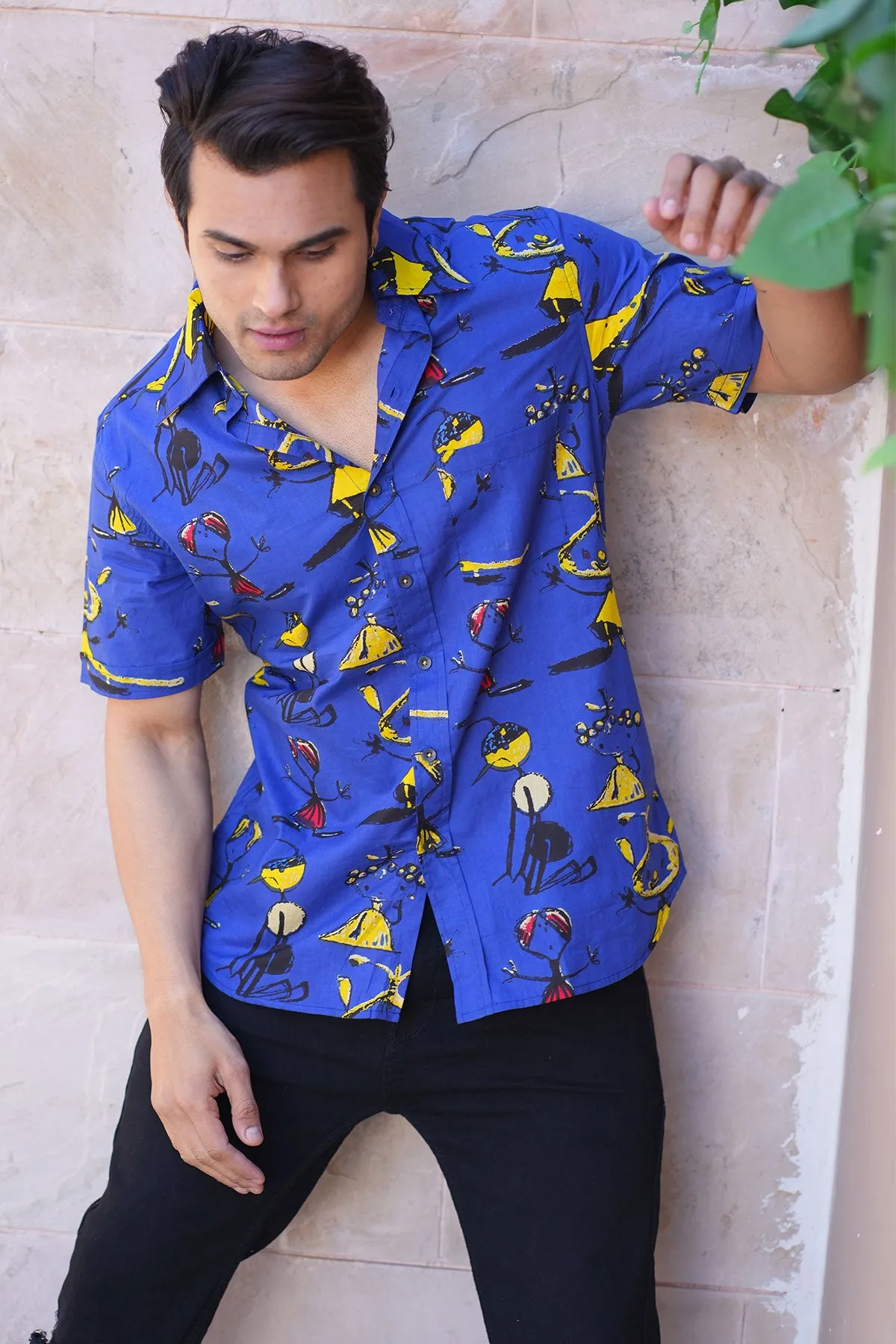 Dark Blue funky print cotton shirt half sleeves | Style Matters