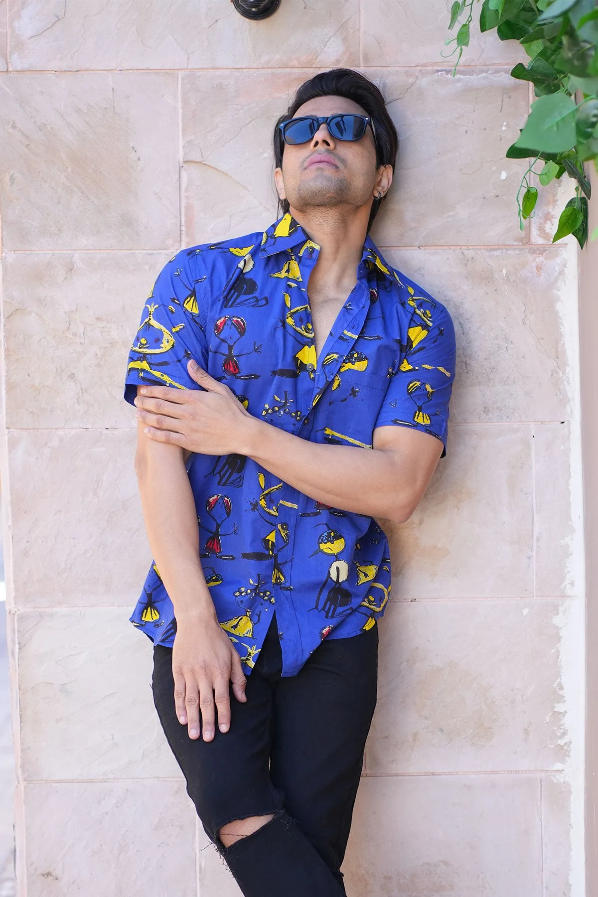 Dark Blue funky print cotton shirt half sleeves | Style Matters