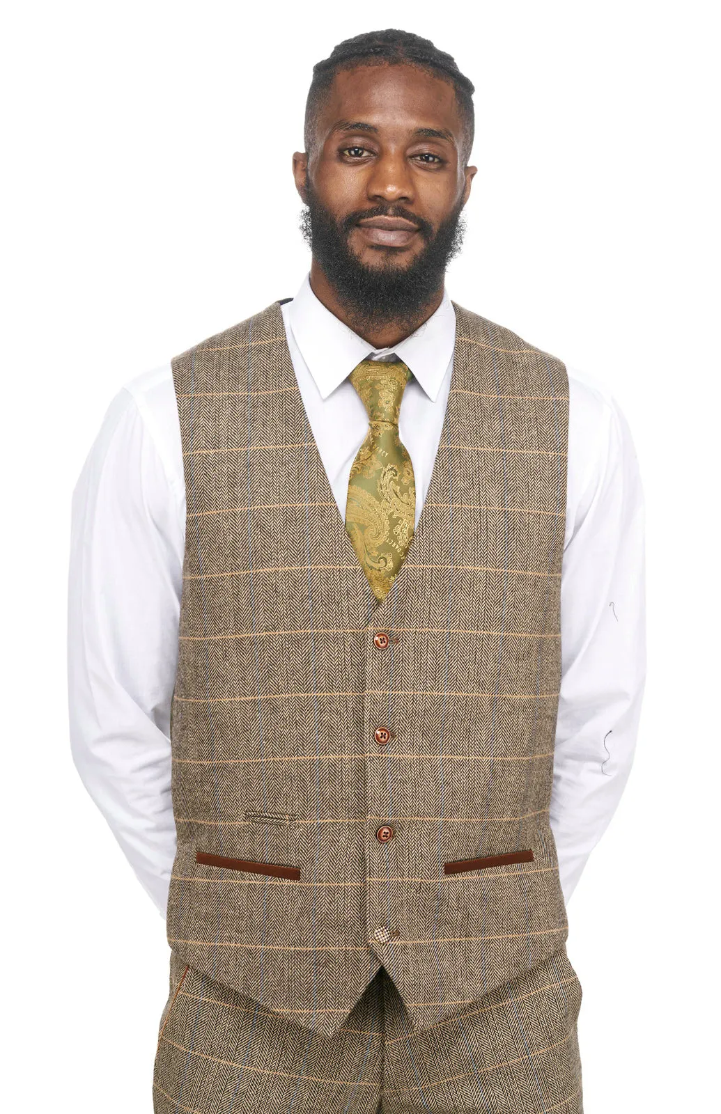 DX7 Tan Tweed Check Three Piece Wedding Suit | Check Suit | Wedding Wear | Office Wear