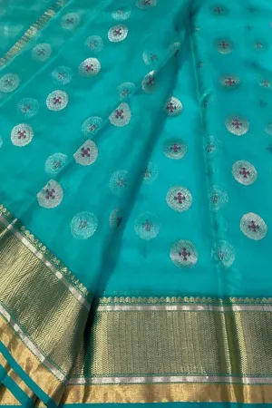 Elegant Blue Chanderi Handloom  Katan Organza Silk Saree