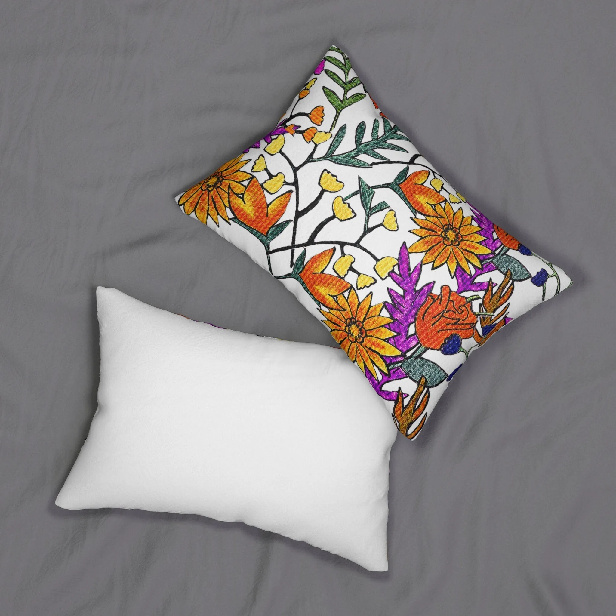 Elegant Hand Sketched Floral Art Lumbar Pillow, Durable Spun Polyester