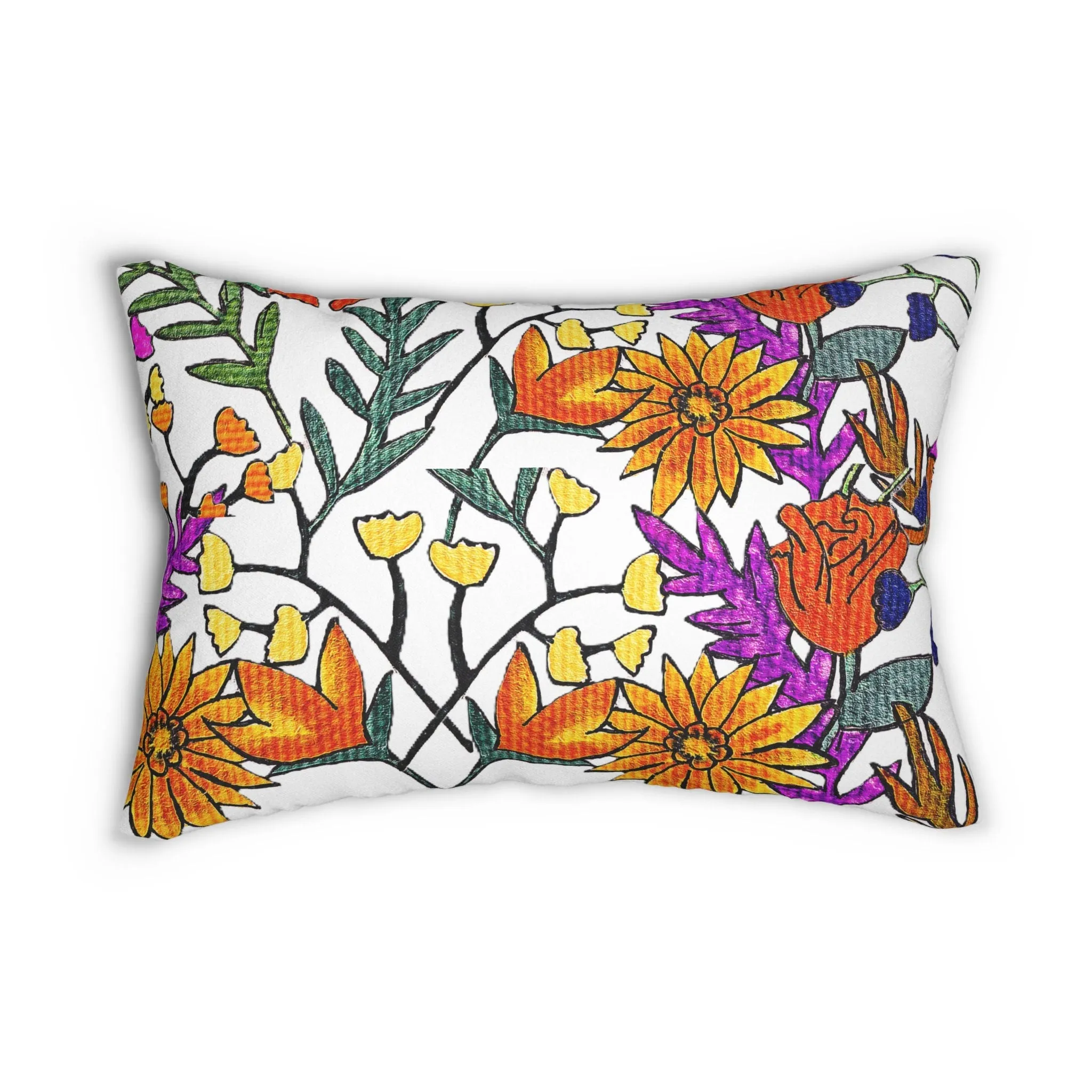 Elegant Hand Sketched Floral Art Lumbar Pillow, Durable Spun Polyester