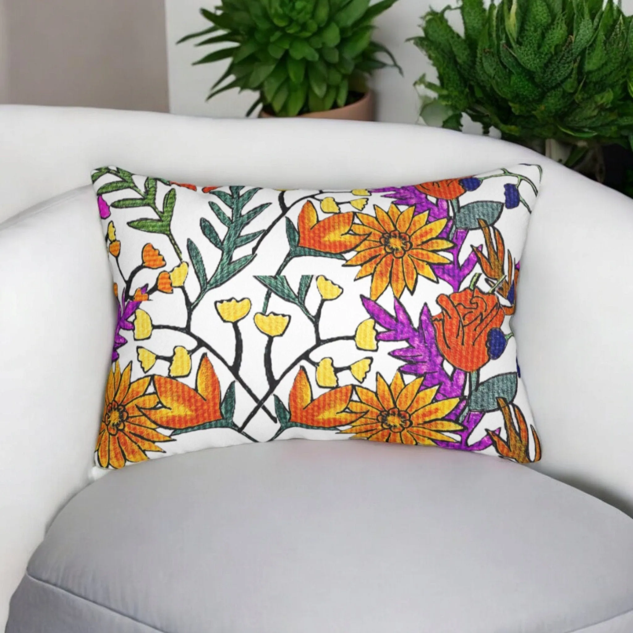 Elegant Hand Sketched Floral Art Lumbar Pillow, Durable Spun Polyester