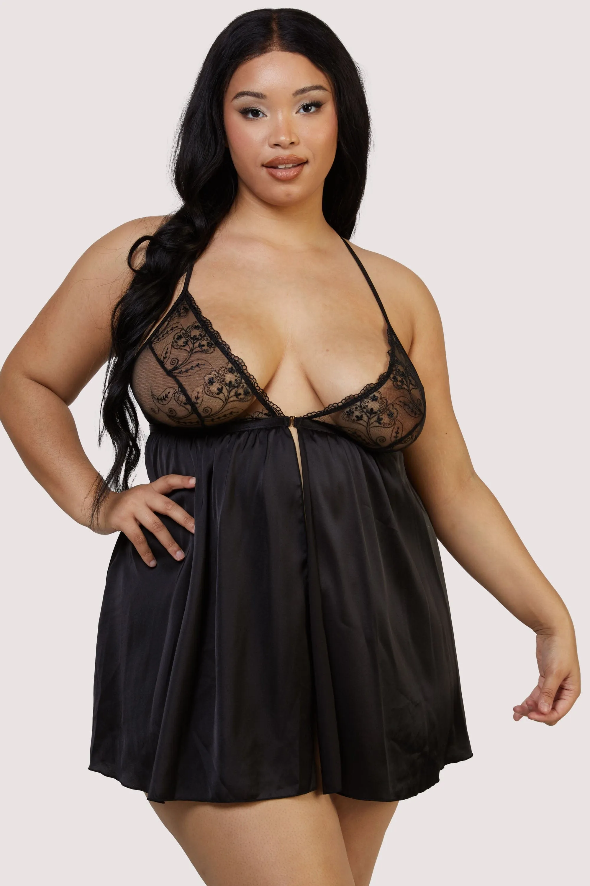 Elise Black Embroidery Babydoll and Thong Set