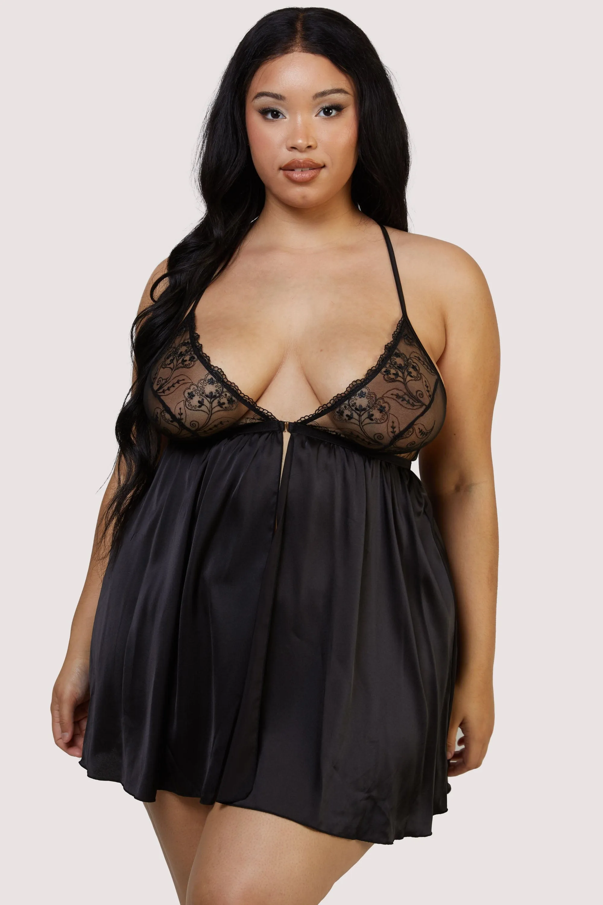 Elise Black Embroidery Babydoll and Thong Set