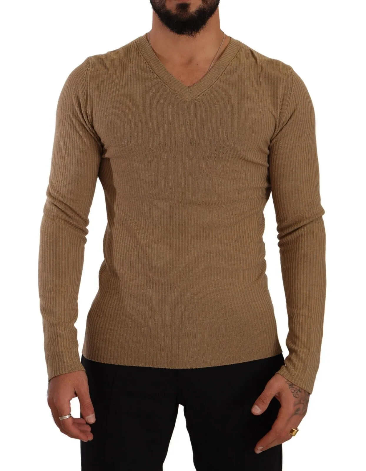 Ermanno Scervino Classic V-Neck Wool Sweater in Brown