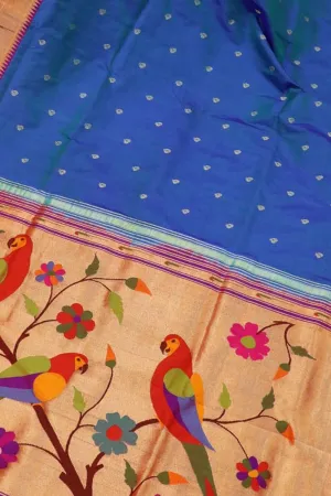 Exquisite Blue Paithani Silk Parrot Design Saree with Muniya Border: Handloom Elegance