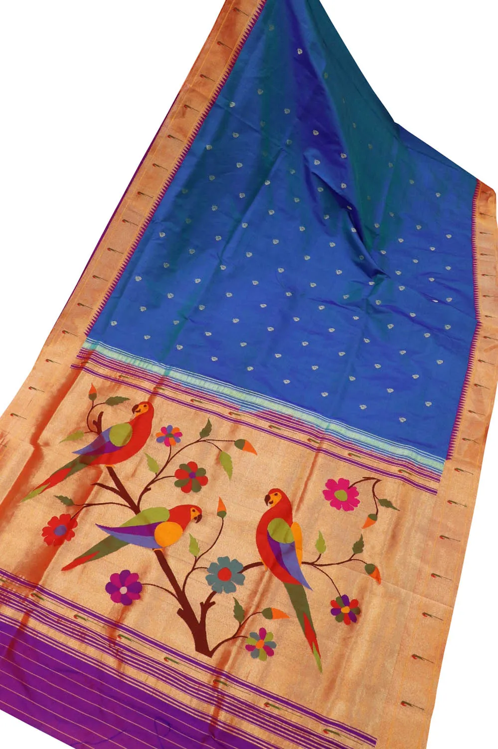 Exquisite Blue Paithani Silk Parrot Design Saree with Muniya Border: Handloom Elegance